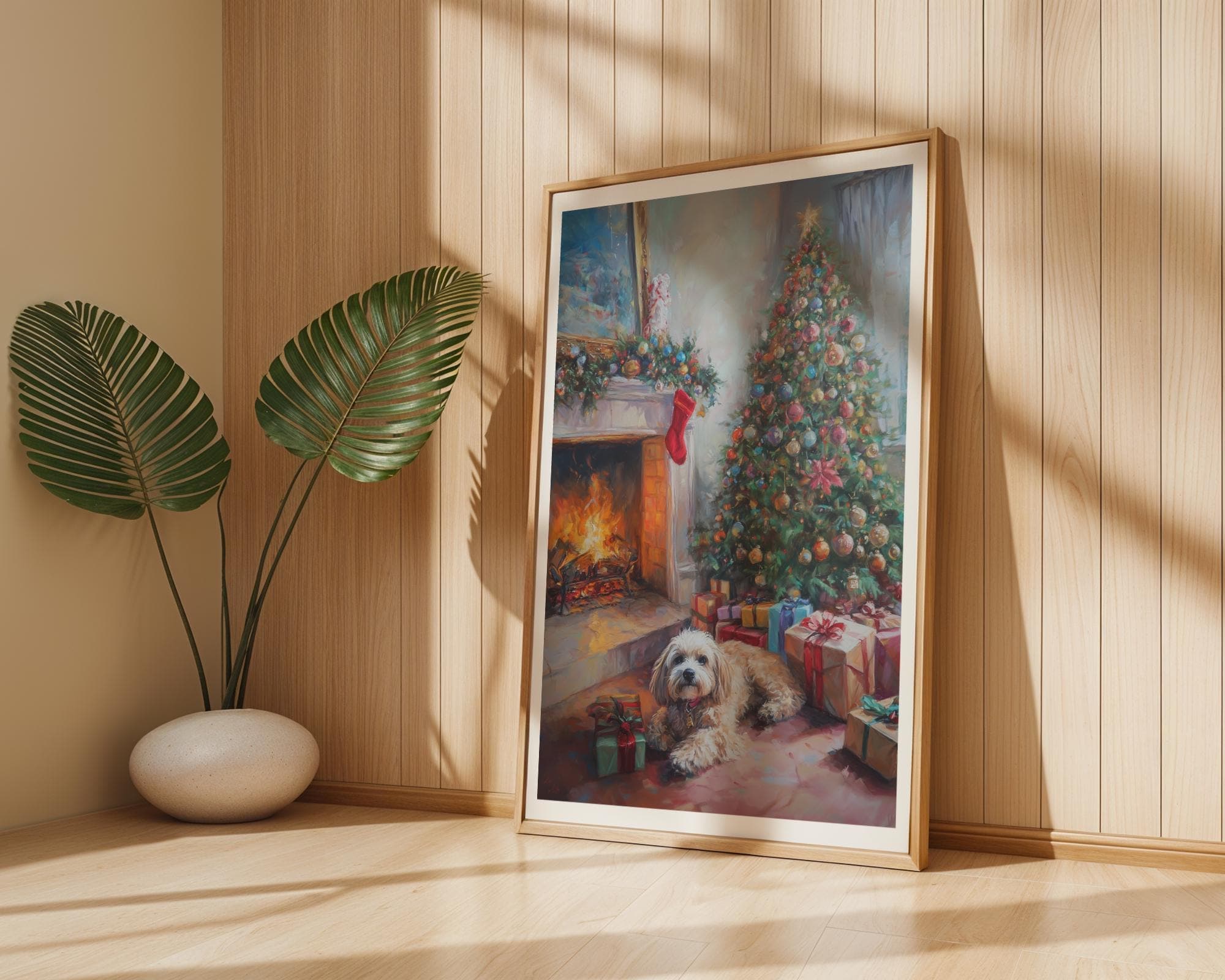 Festive Christmas Dog Painting, Rustic Christmas Wall Art, Warm Christmas Print, Festive Fireplace Art, Digital Download, Dog Christmas Art - view 5