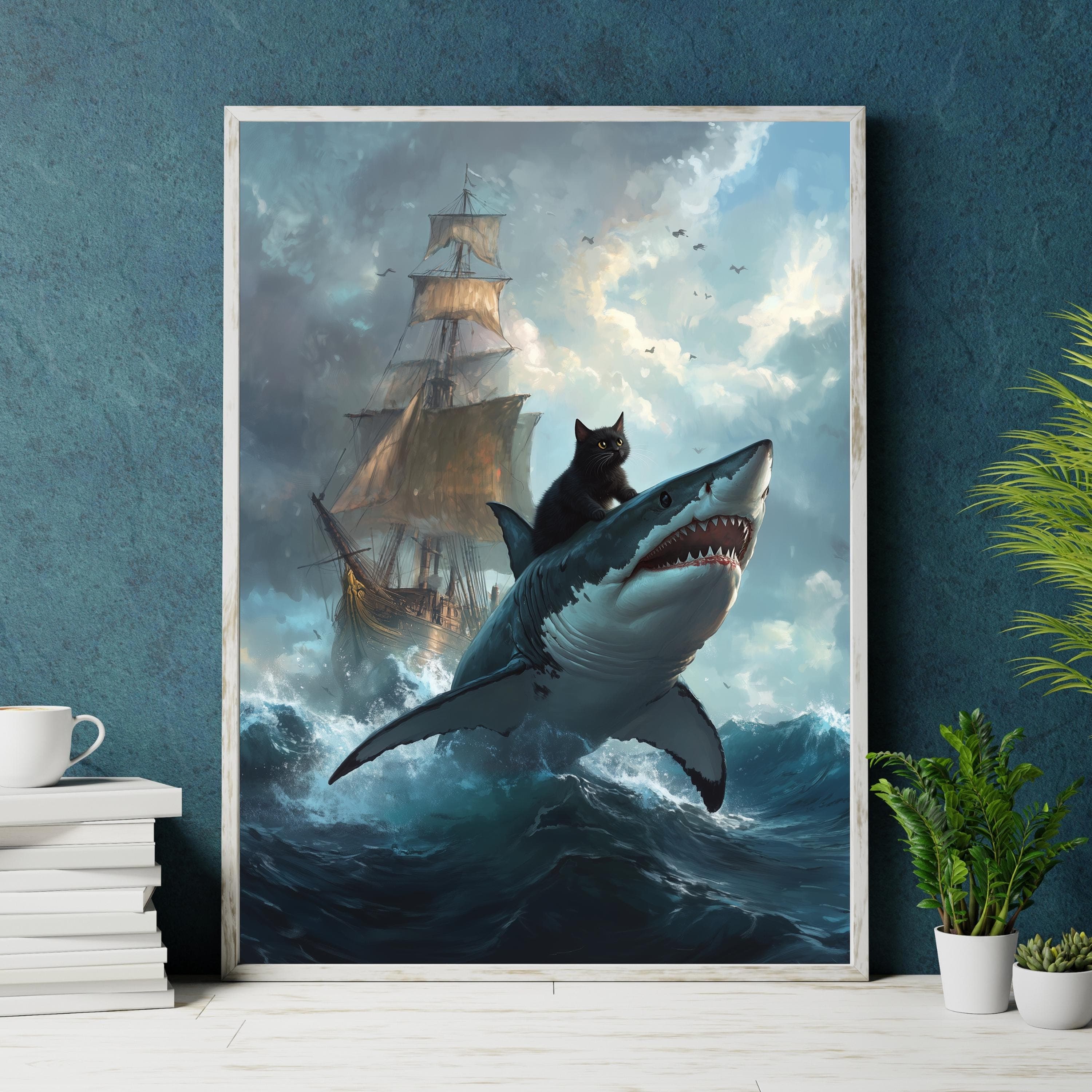 Black Cat in a Sea Ride the Shark Wall Art, Funny Black Cat Wall Decor, Maximalist Cat Wall Art, Black Cat Digital Wall Art, Black Cat Decor - view 5