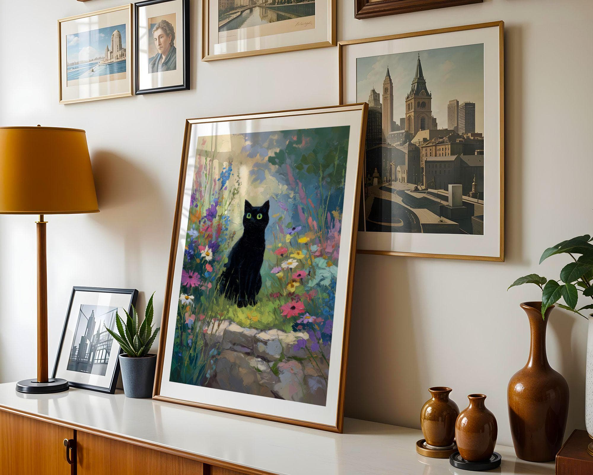 Black Cat in Wildflower Garden Wall Art, Whimsical Black Cat Poster, OilPaint Print, Colorful Floral Decor, Black Cat Aesthetic,Charming Cat - view 3