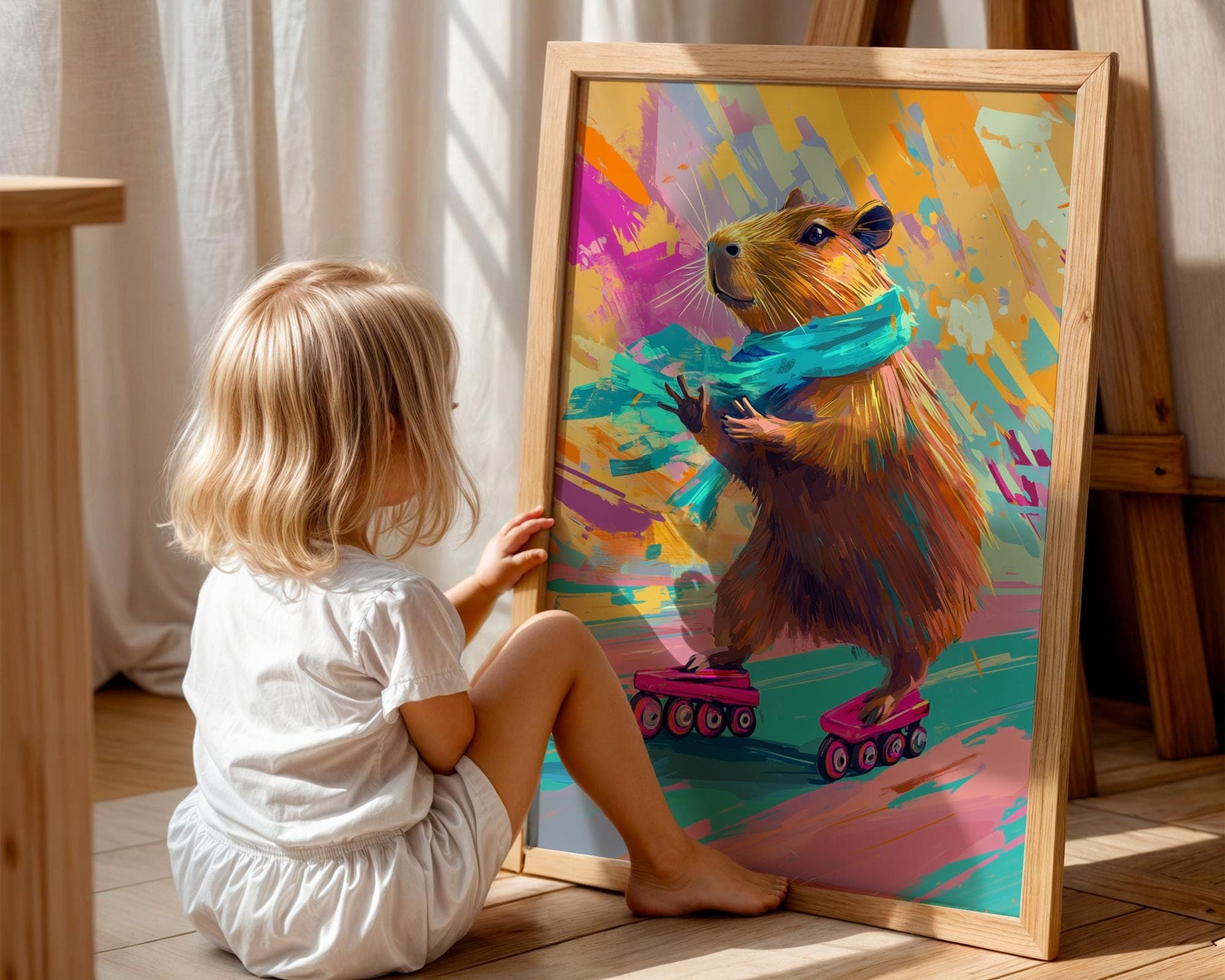 Colorful Capybara Roller Skating Wall Art, Quirky Animal Poster, Digital Download, Capybara Skater Painting, Funky Roller Skating Poster - view 4