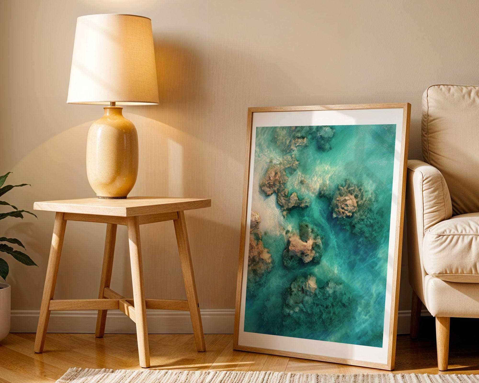 Aerial Ocean Reef Art Print, Turquoise Sea Wall Decor, Emareld Green Background Print, Aerial Ocean Print, Modern Ocean Wall Art, Digital - view 8