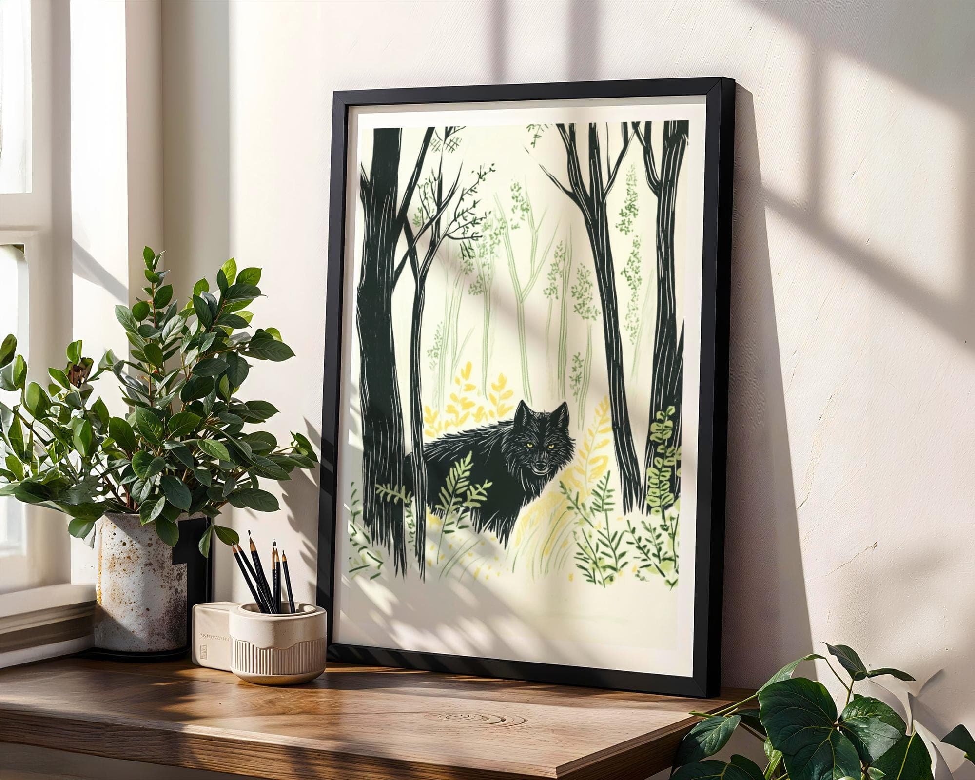 Mystical Black Wolf Wall Art, Rustic Black Wolf Painting, Forest Animal Print for Nature Lovers, Wildlife Art, Digital Download, Wolf Poster - view 5