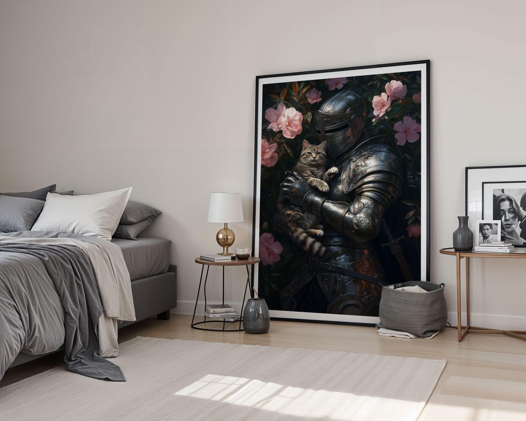 Medieval Knight and Tabby Cat Painting, Medieval Fantasy Painting, Fantasy Art, Whimsical Cat Decor, Digital, Maximalist, Floral Art Decor - view 6