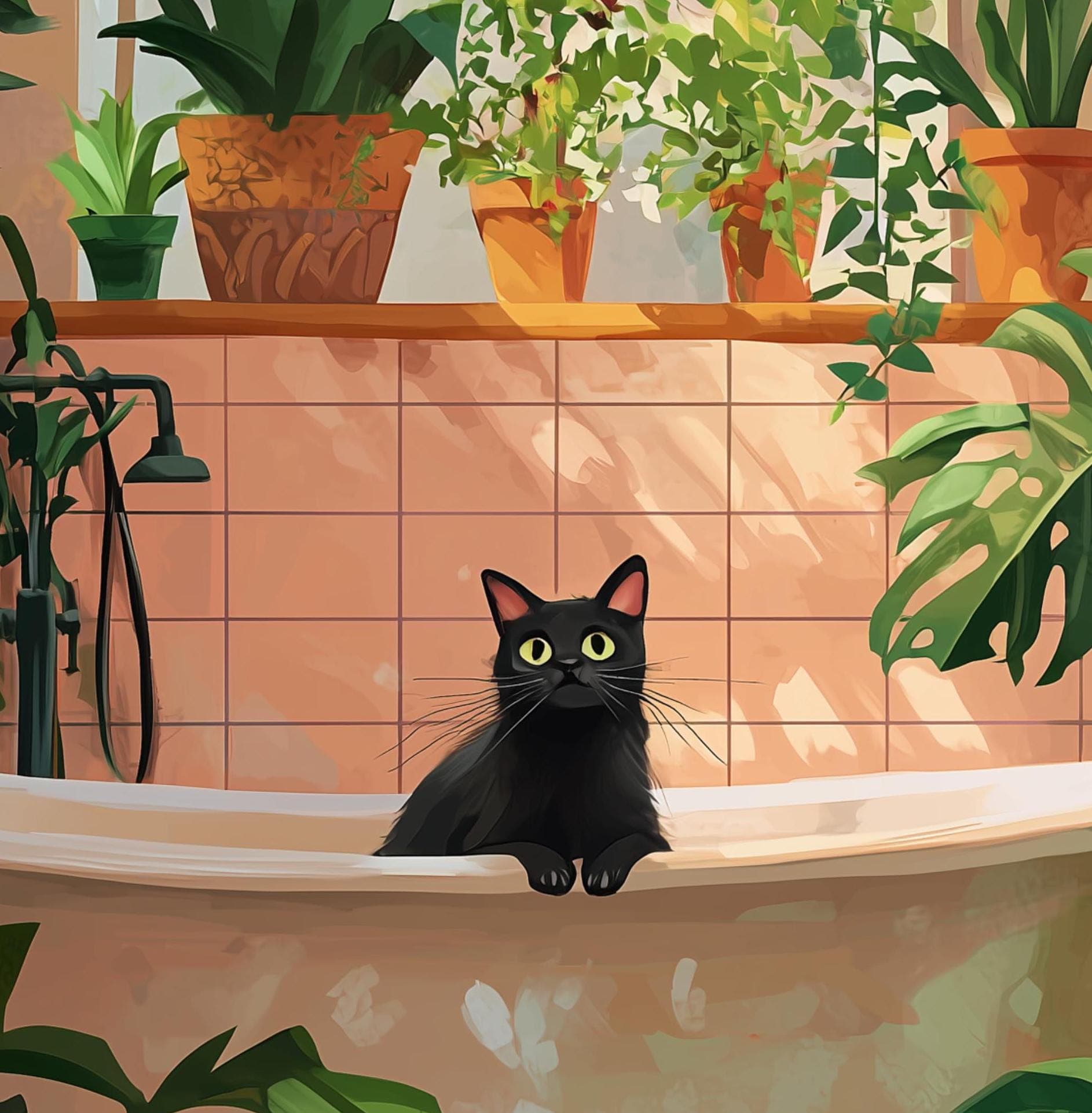 Bath Cat Print Funny, Orange Painting Poster, Animal Wall Art, Digital Wall Art, Bathtube Wall Art, Cat in Bathroom Art, Maximalist Cat Art - view 2