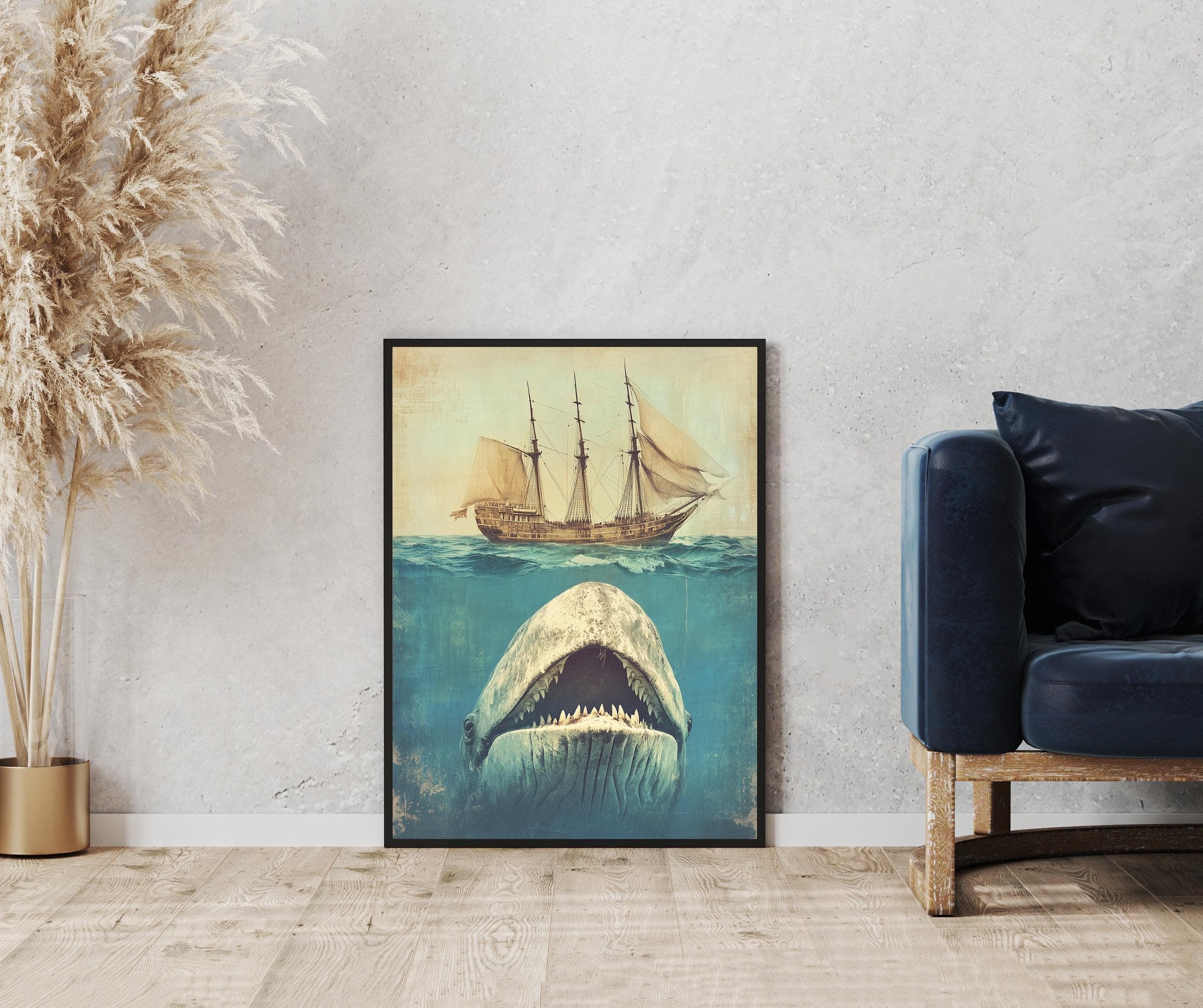 Whale Art, Under the Sea Illustration, Retro, Sea Animals, Crude Area The Whale Large and Ship, Whale and Sail Art, Whale Print, WhalePoster - view 2