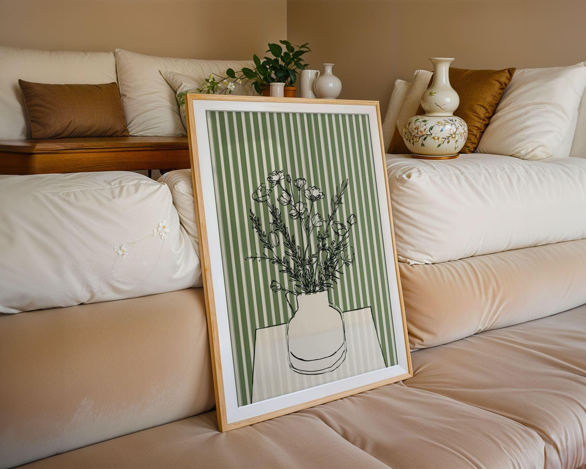 Minimal Botanical Line Art, Scandinavian Wall Decor, Minimal Flower Vase Print, Abstract Floral Line Art, Green Aesthetic Wall Art, Digital - view 5