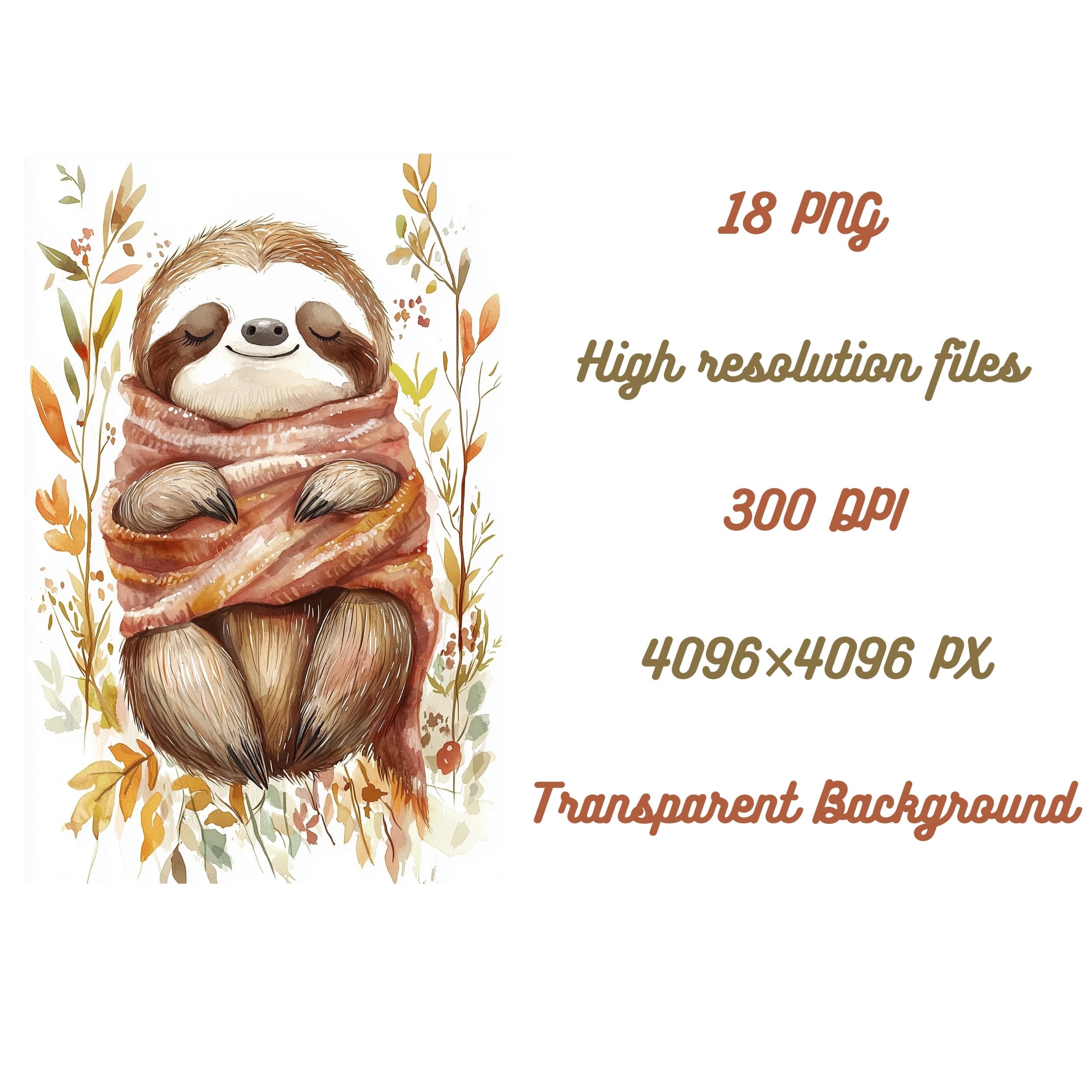 18 SLOTH Relaxing Clipart, Colorful Sloth Clipart, Cute Sloth PNG, Baby Sloth Clipart, Watercolor Sloth Nursery, Baby Shower Clipart, Sloth - view 5