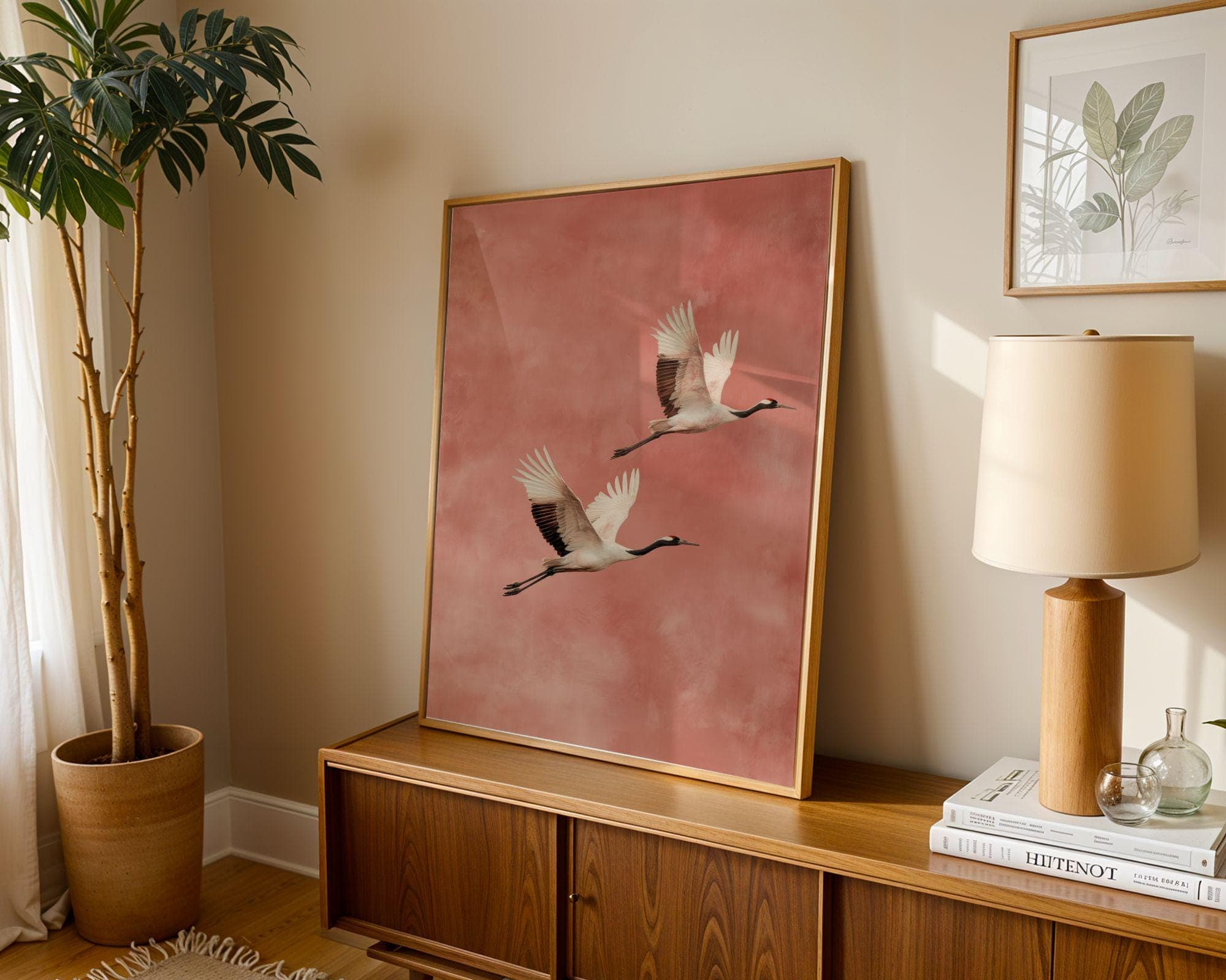 Japandi Crane Wall Art, Wabi-Sabi Decor, Scandinavian Wall Art,Minimal Birds, Neutral Tones, Flying Crane Wall Art, Blush Pink Bird Painting - view 6