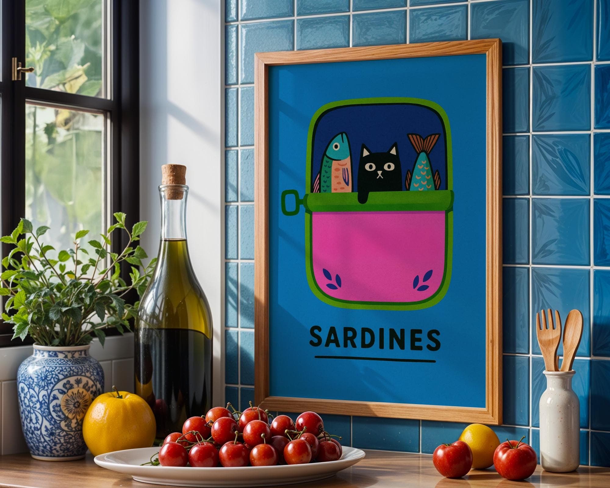 Funny Black Cat Wall Art, Black Cat in Sardine Tin with Colorful Fish, Funny Kitchen Wall Art, Sardine Tin Wall Art, Retro Pop Art Print - view 3