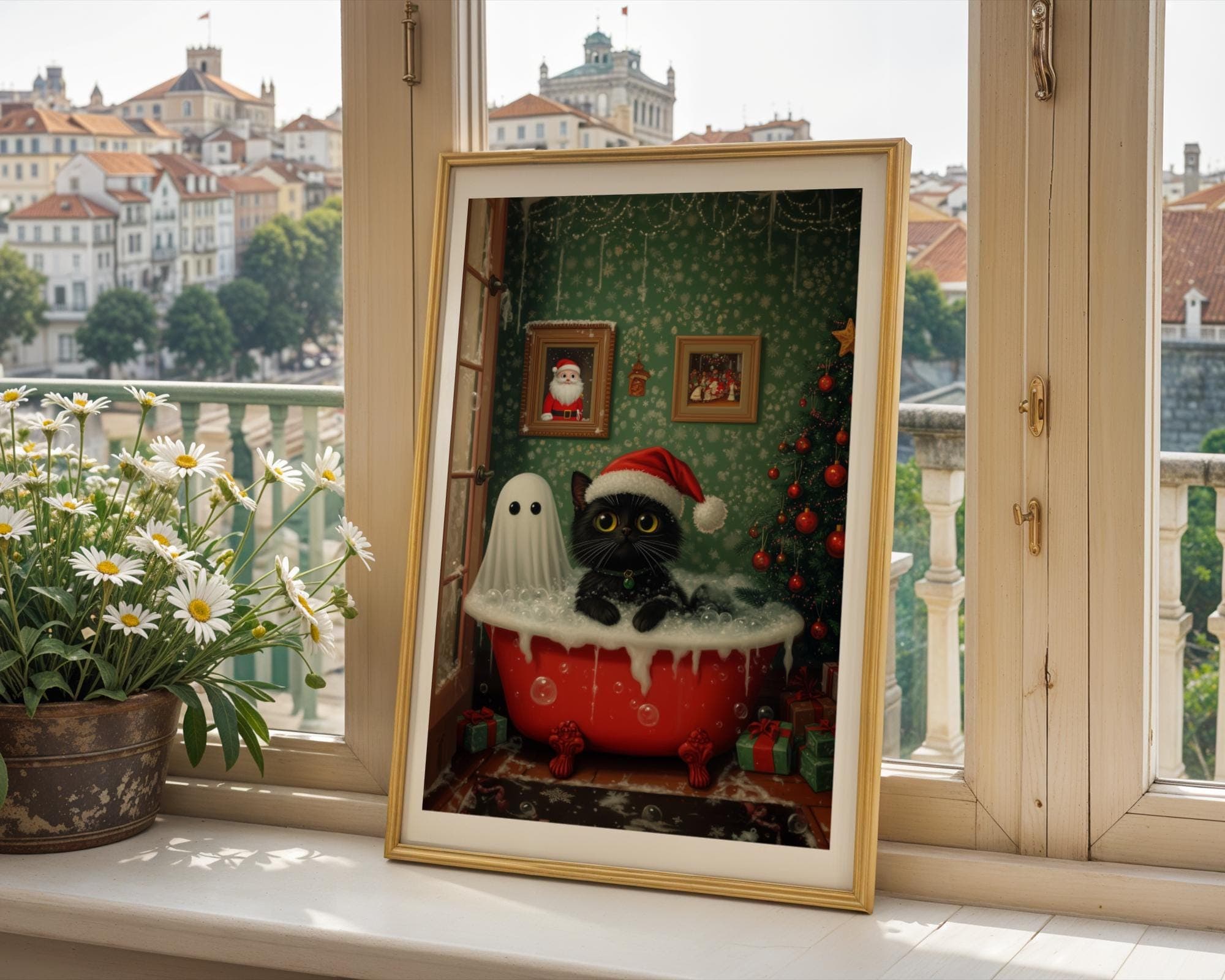 Ghost and Cat Christmas Bubblebath Poster, Spooky Cute Ghost Xmas Bath Art, Black Cat Print, Whimsigoth Holiday Decor, UNFRAMED, Cat Poster - view 7