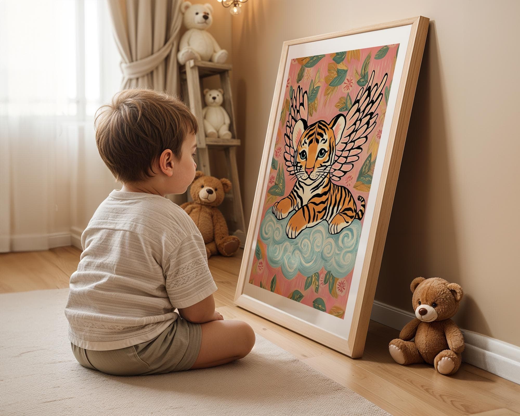 Winged Tiger Wall Art, Whimsical Pink Nursery Decor, Pink and Blue Nursery Art, Angelic Tiger Wall Art, Kids Room Tiger Wall Art, Baby Tiger - view 7