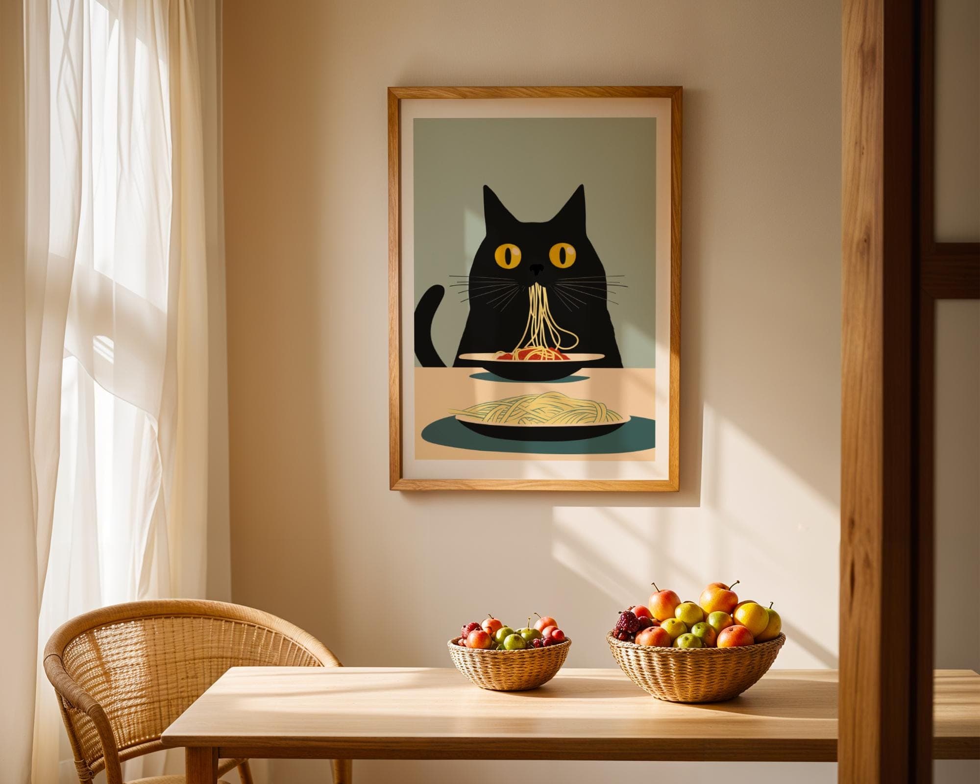 Black Cat Spaghetti Art Print, Whimsical Cat Kitchen Decor, Black Cat Pasta Print, Cat Kitchen Print, Digital Download, Digital Animal Art - view 7