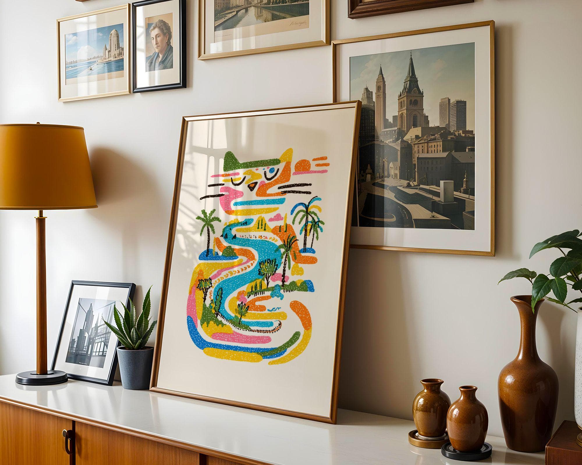 Tropical Cat River Art Print, Colorful Crayon Style (Digital Download) - view 3