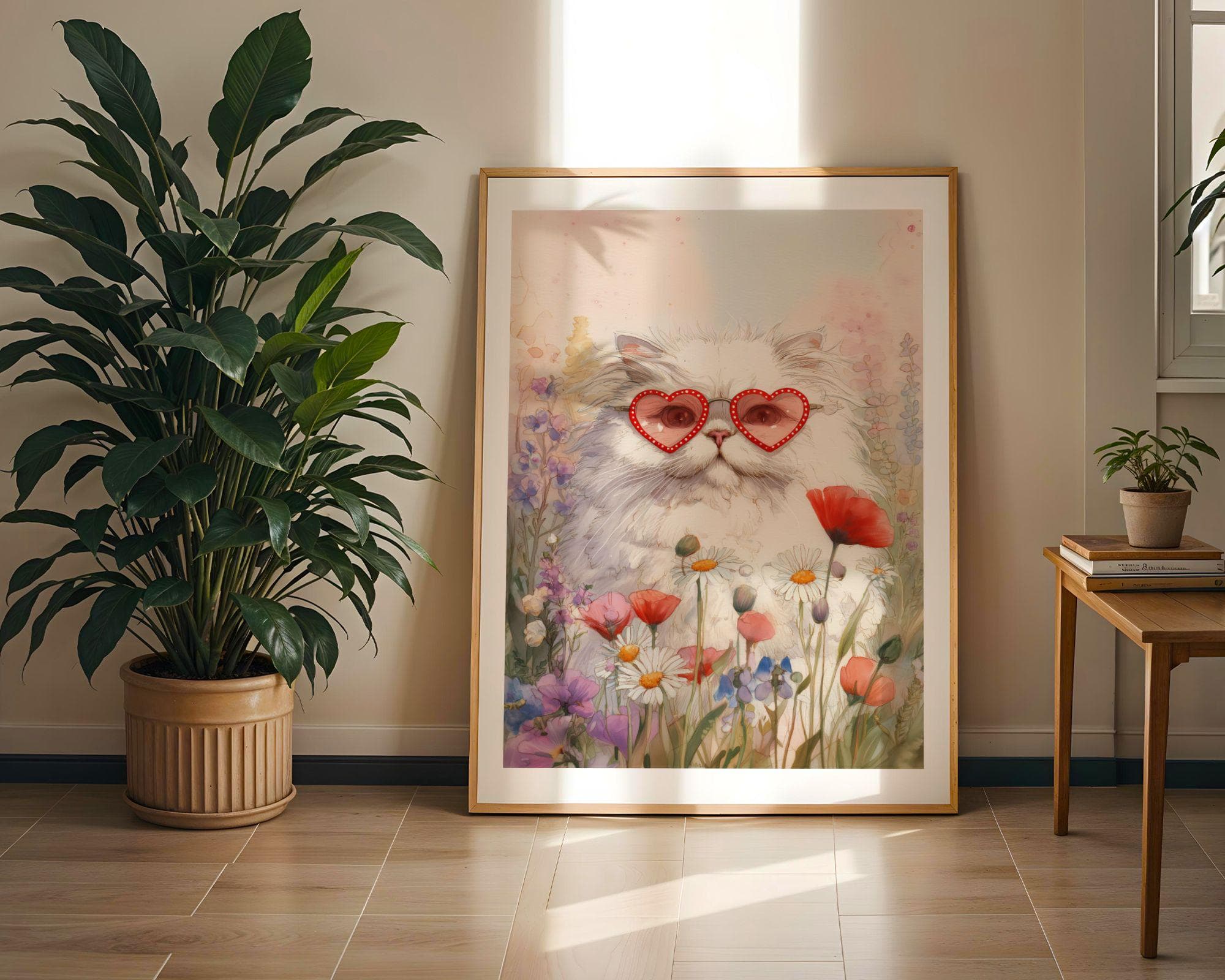 Cute Cat Wall Art Print, Watercolor White Cat in Heart Sunglasses, Floral Meadow, Pink Girly Decor, Cottagecore Cat Wall Art, Kidsroom Art - view 3