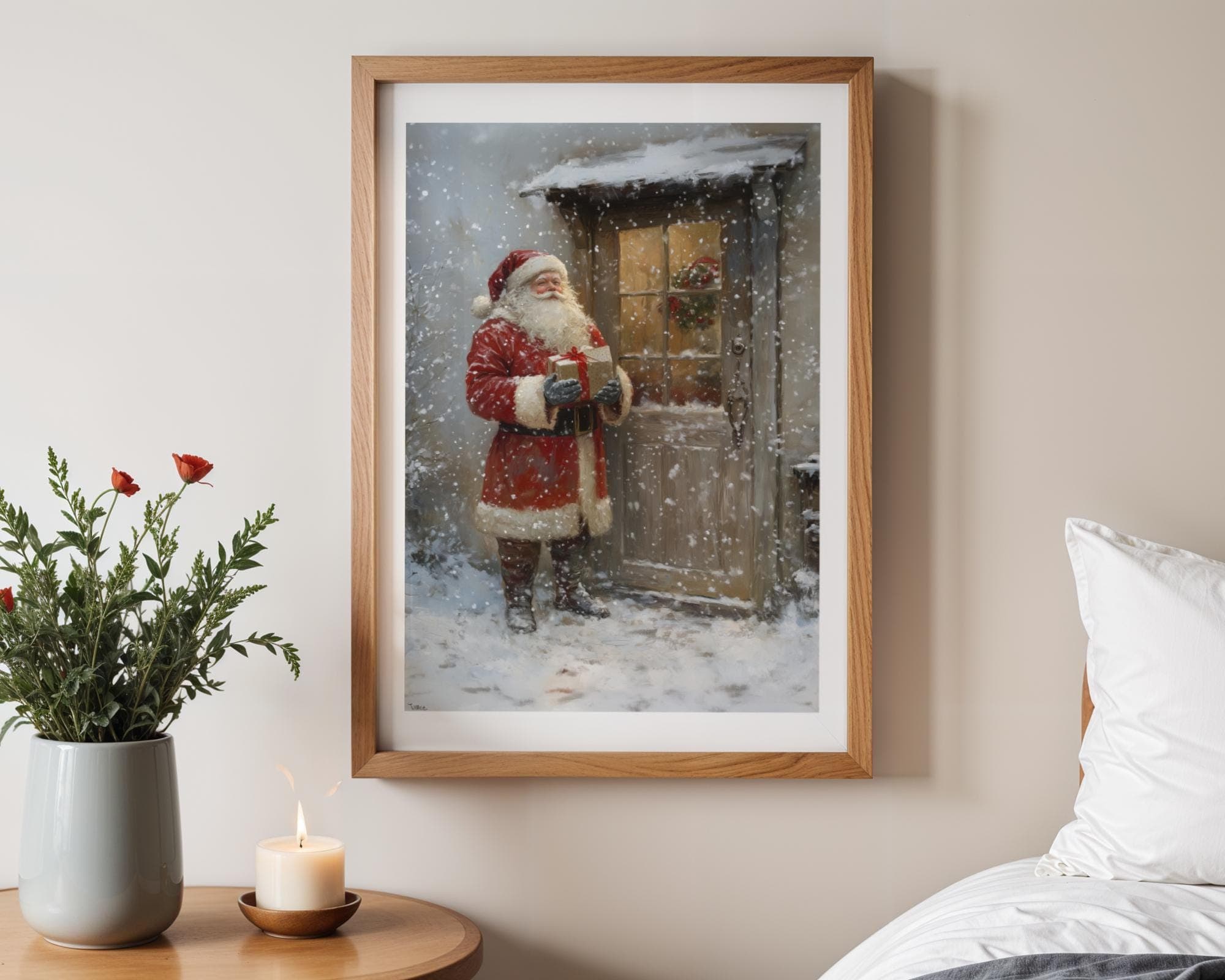 Santa with Gift at Door Art, Cozy Holiday Wall Canvas for Christmas, Rustic Santa Wall Art, Traditional Santa Claus Art, Digital Download - view 4