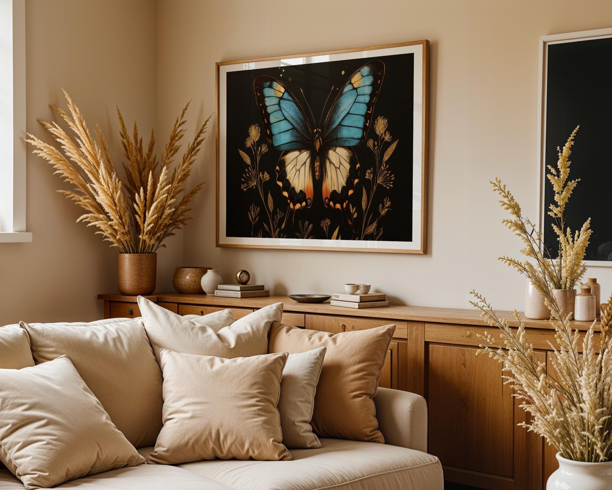 Blue Butterfly Botanical Wall Art Print – Vintage Insect, moody moth wall decor, butterfly printable, boho floral woodland moth cottagecore - view 3