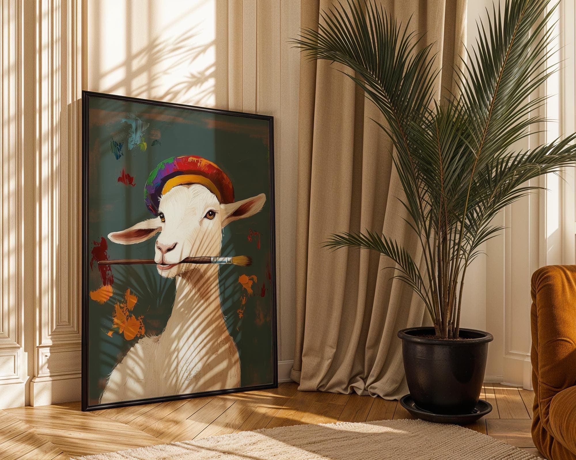 Funny Goat Wall Art, Funny Printable Art for Studio, Painter Goat Decor, Digital Farm Animal Print, Dark Background Farm Decor, Goat Art - view 4