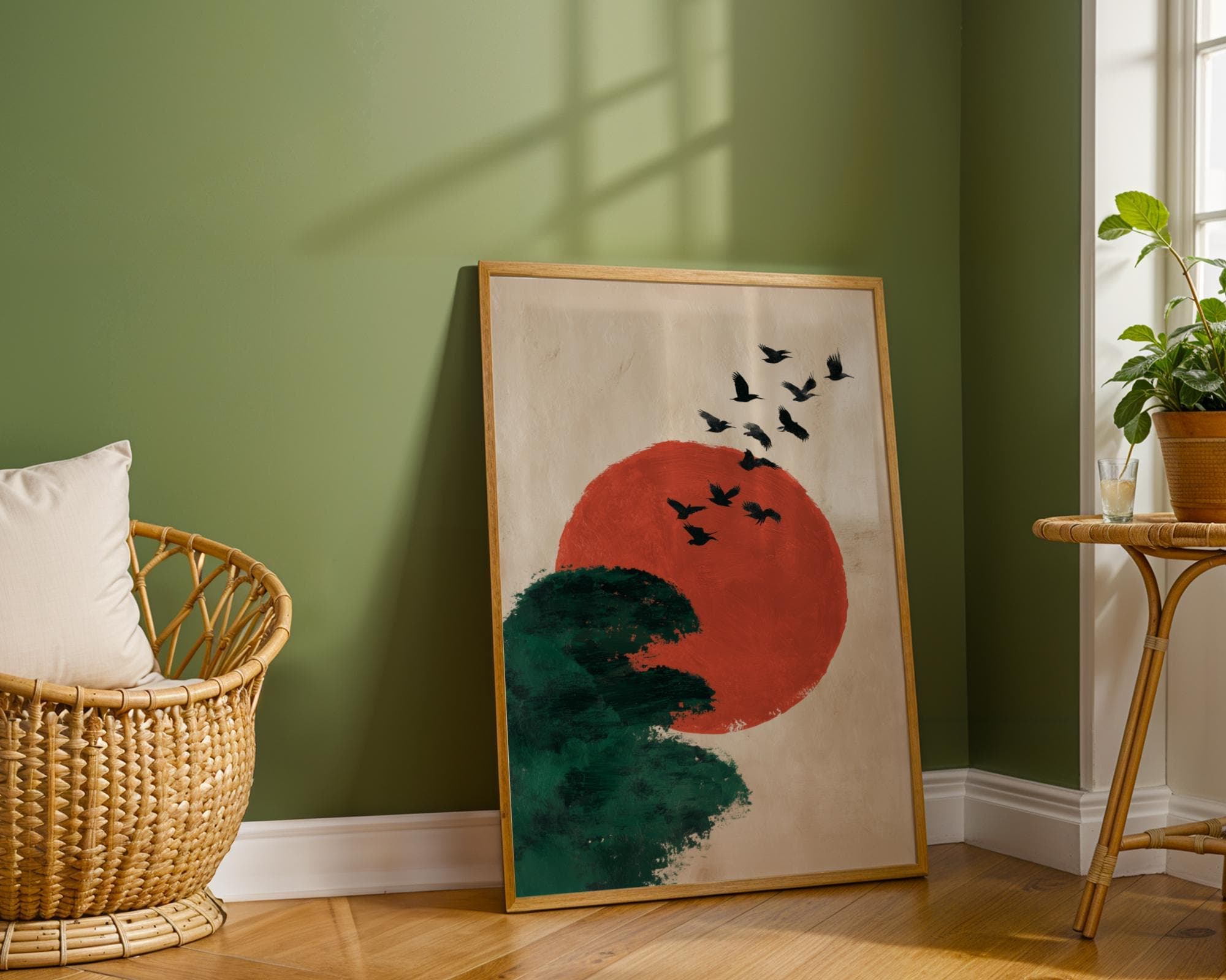 Japanese Minimalist Wall Art – Flying Birds Over Red Sun and Forest, Japanese Minimal Zen Poster, Warm Tone Minimalist Art, Japandi Decor - view 7