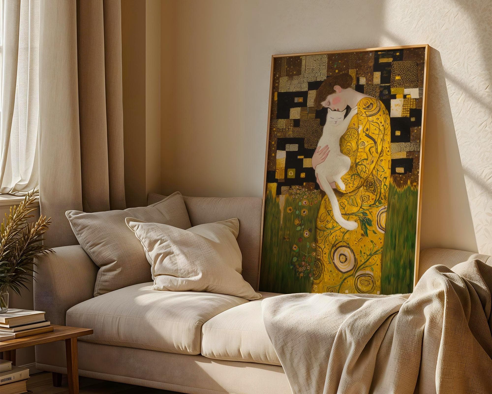 Gustav Klimt Inspired Cat Art Golden Woman with White Cat Painting Print, Whimsical Cat Lover Wall Art, Golden Cat Art Print, Digital Art - view 6