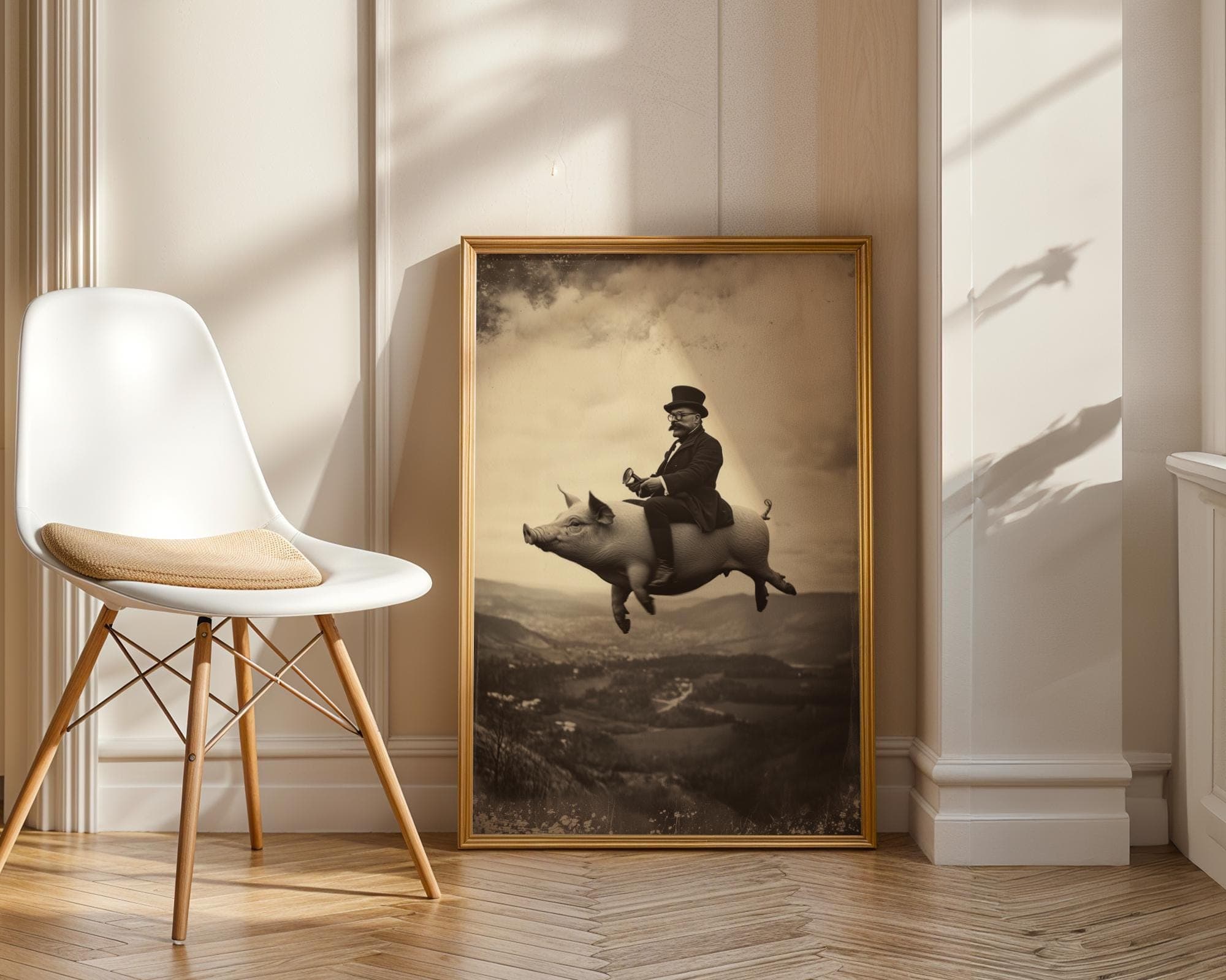 Flying Pig Wall Art – Surreal Vintage Gentleman Riding Pig Print, Digital Wall Art, Sepia Surreal Art, Retro Fantasy Wall Decor, Funny Pig - view 3
