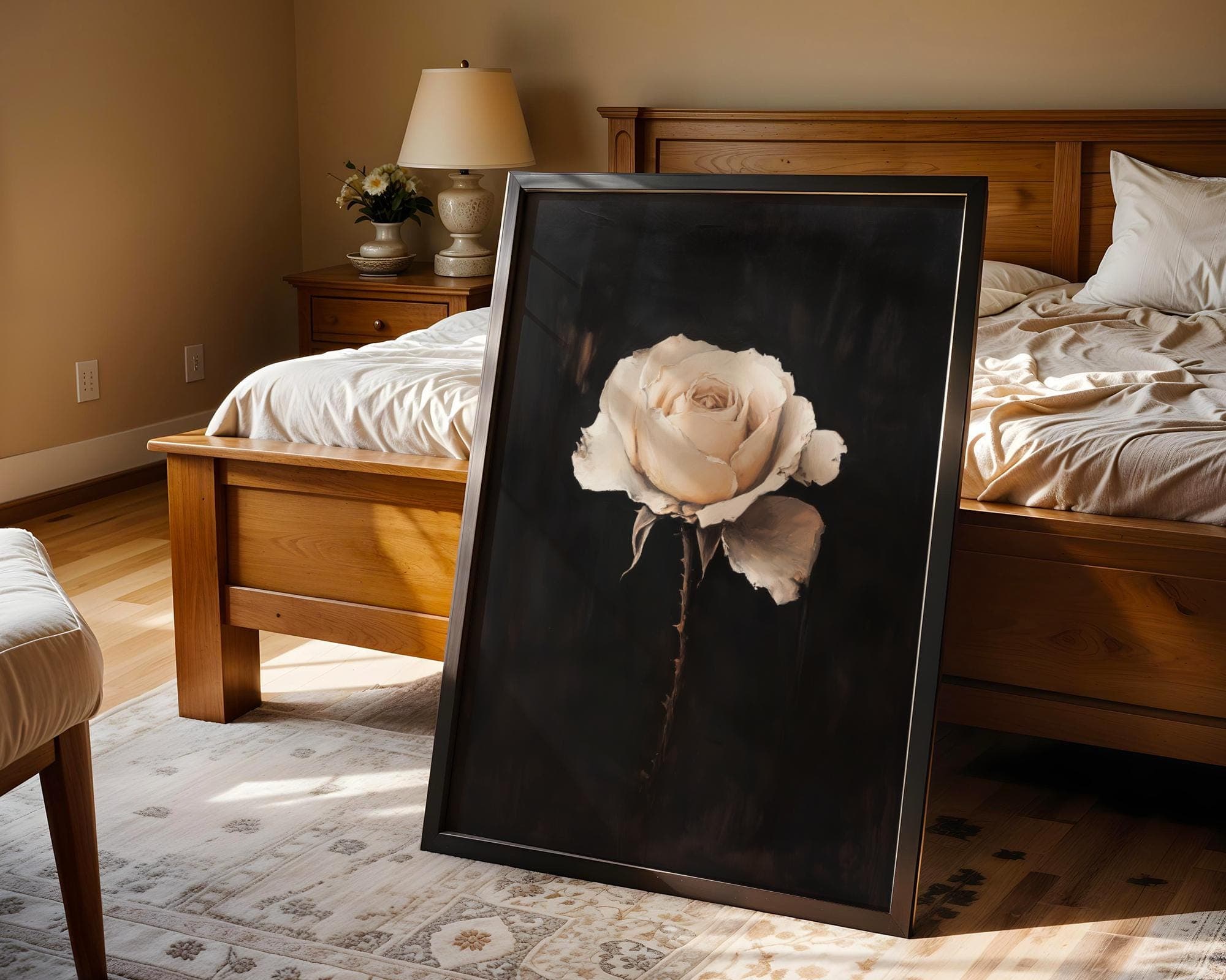 Faded Rose Portrait Print, White Rose Wall Art ā Minimalist Oil Painting Floral Print, White Botanical Flower Print, Moody Floral Print - view 2