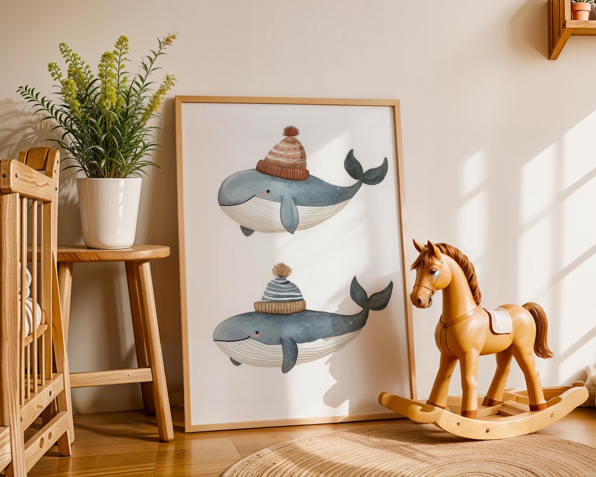 Watercolor Whale Wall Art - Nursery Room Decor for Kids, Cute Whale Print with Hats, Ocean Animal Kids Wall Art, Adorable Nursery Decor - view 6