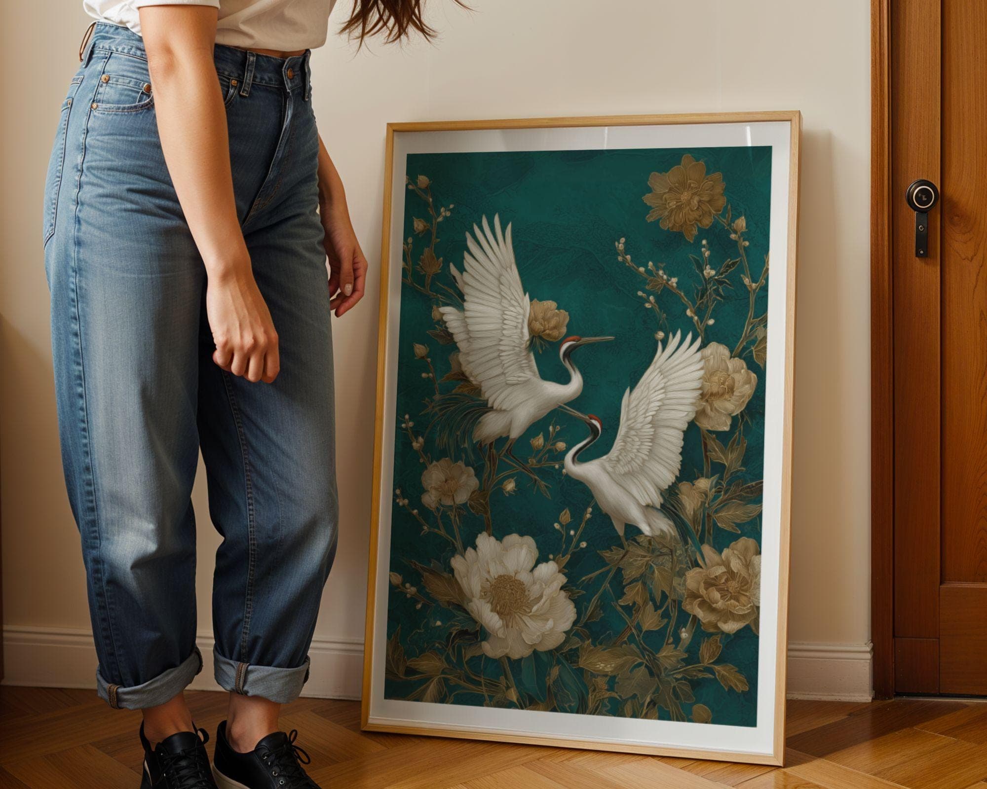 Crane Wall Art Teal Gold Oriental Decor, Japanese Crane Wall Art Print, Gold Asian Bird Painting, Teal Oriental Floral Decor, Japandi Decor - view 6