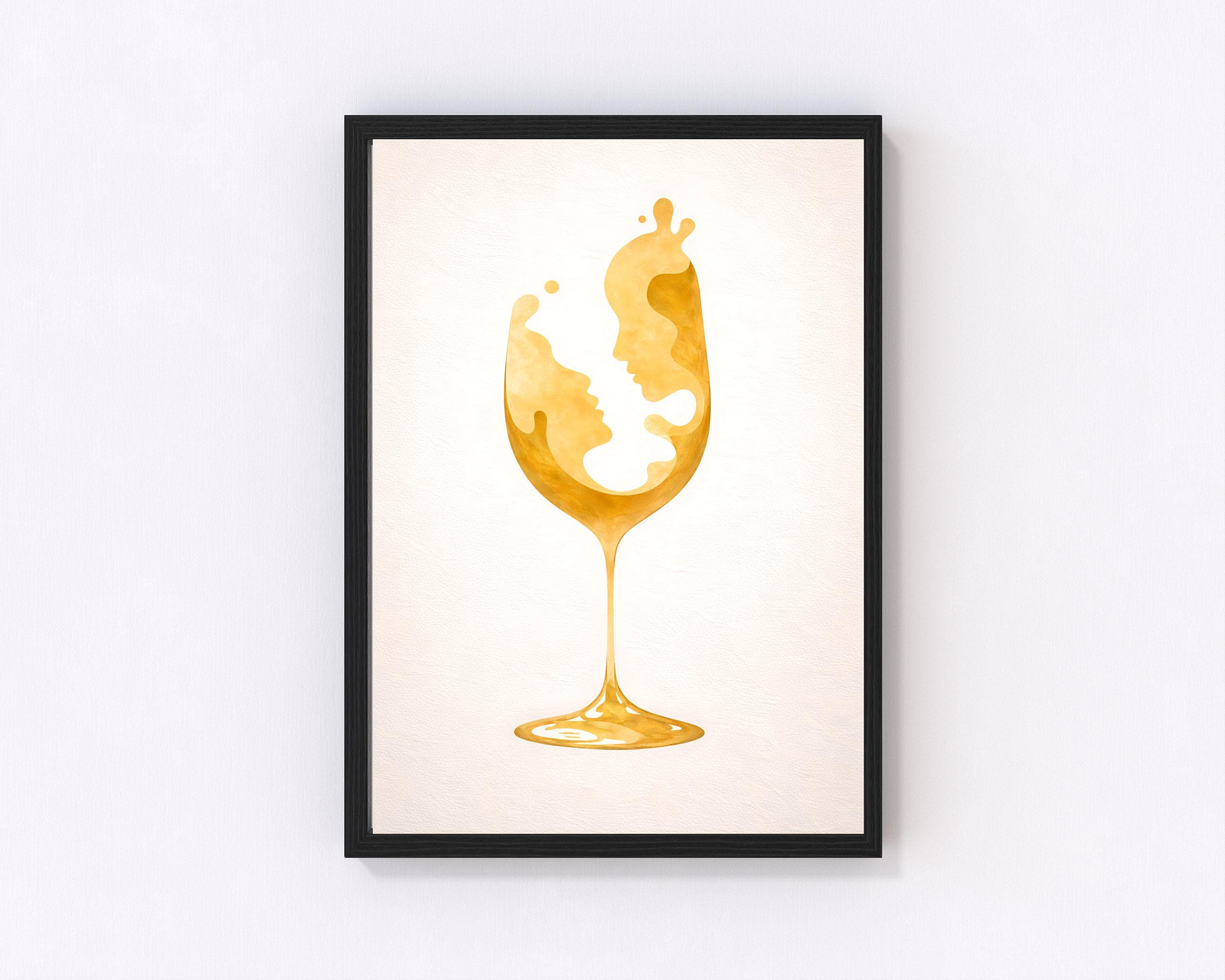 Abstract Wine Glass Wall Art Print, Gold Minimalist Couple Face Line Art Poster, Romantic Modern Dining Room Bar Decor Gift, Wine Lover Gift - view 4