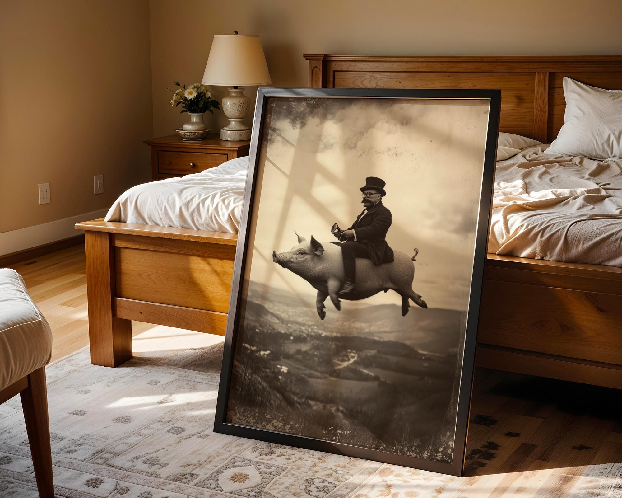 Flying Pig Wall Art – Surreal Vintage Gentleman Riding Pig Print, Digital Wall Art, Sepia Surreal Art, Retro Fantasy Wall Decor, Funny Pig - view 5