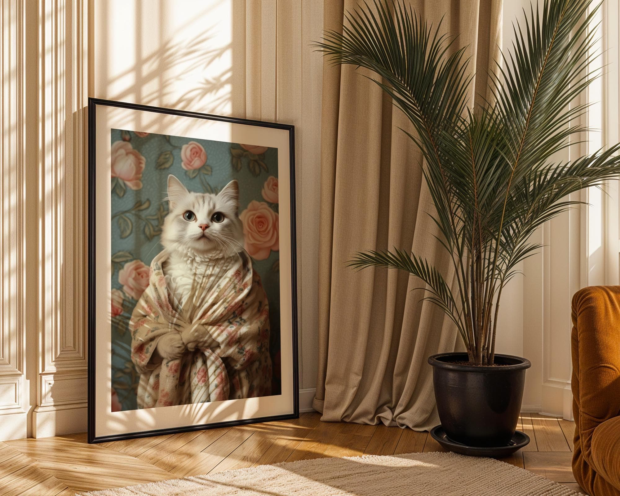 Tabby Cat in Bathrobe DIGITAL DOWNLOAD, Cat PRINTABLE Wall Art, Fluffy White Cat Wall Art - Vintage Floral Digital Print, Cute Cat Wall Art - view 3