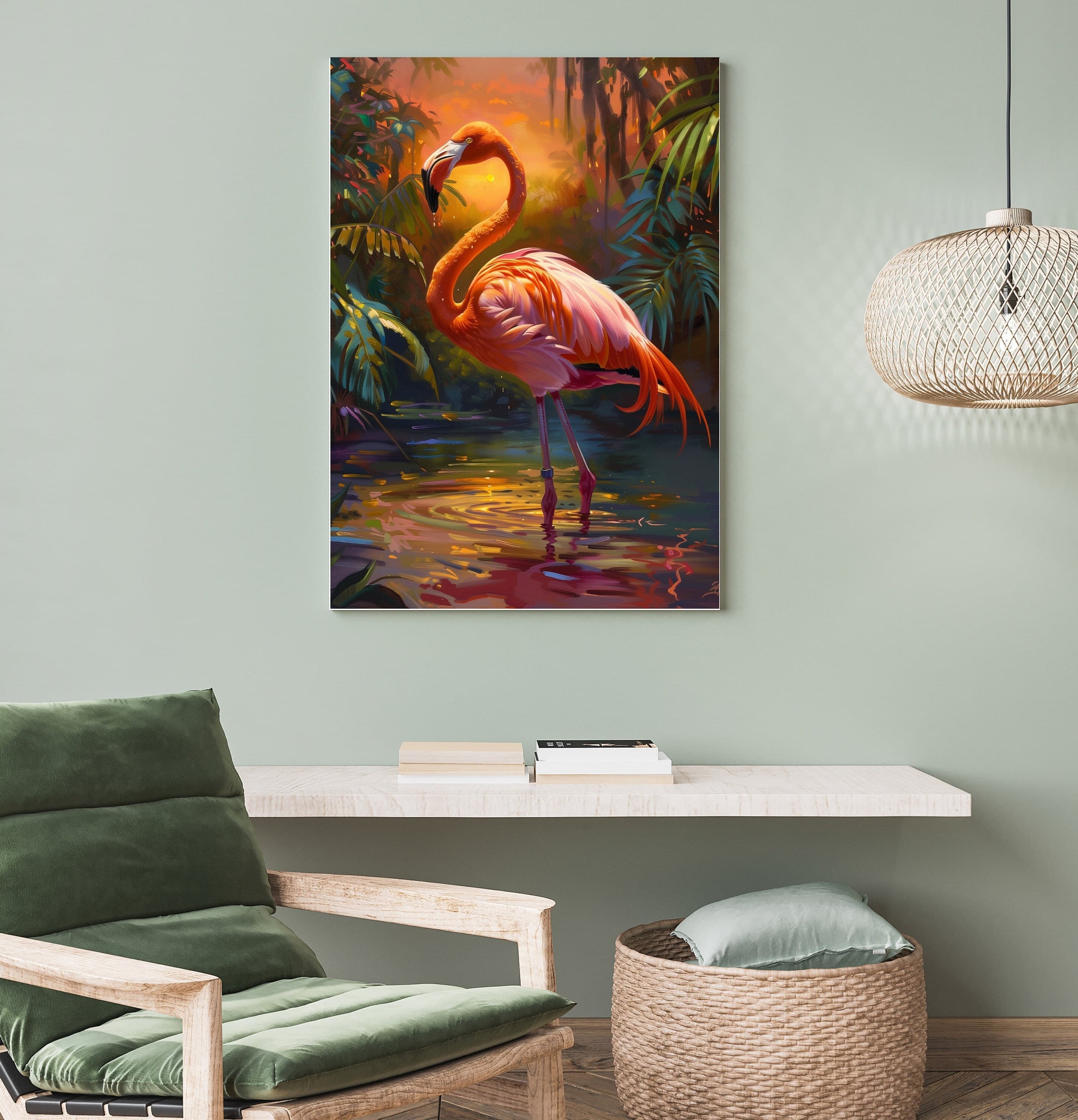 Flamingo Sunset Poster, Oil Painting, Printable Flamingo Wall Art, , Flamingo Print, Tropical Bird Sunset Print, Flamingo Digital Print - view 7