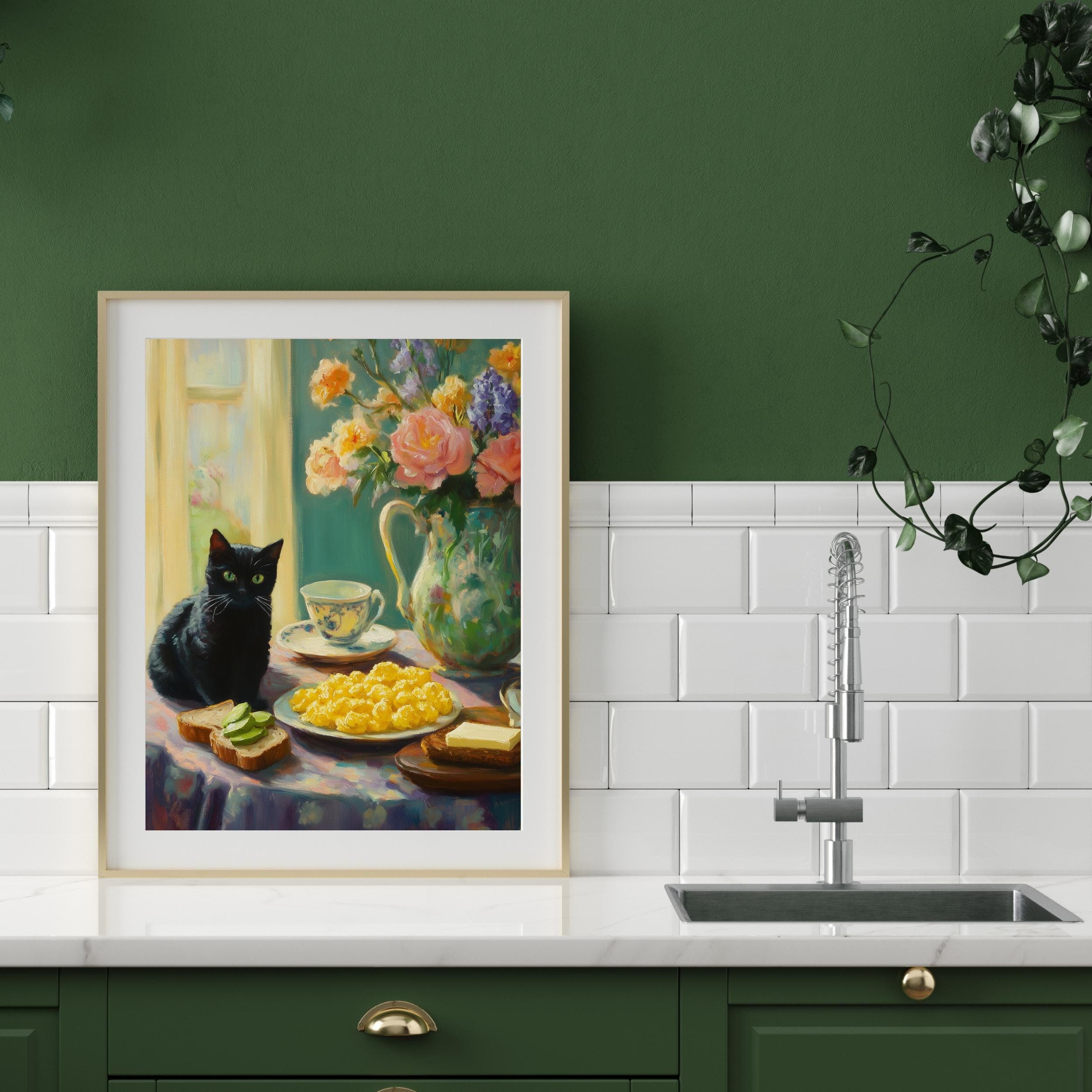 Vintage Kitchen Art, Black Cat Oil Painting, Maximalist Kitchen Decor, Quirky Black Cat Art, Digital Printable Arts, Kitchen Black Cat Decor - view 5