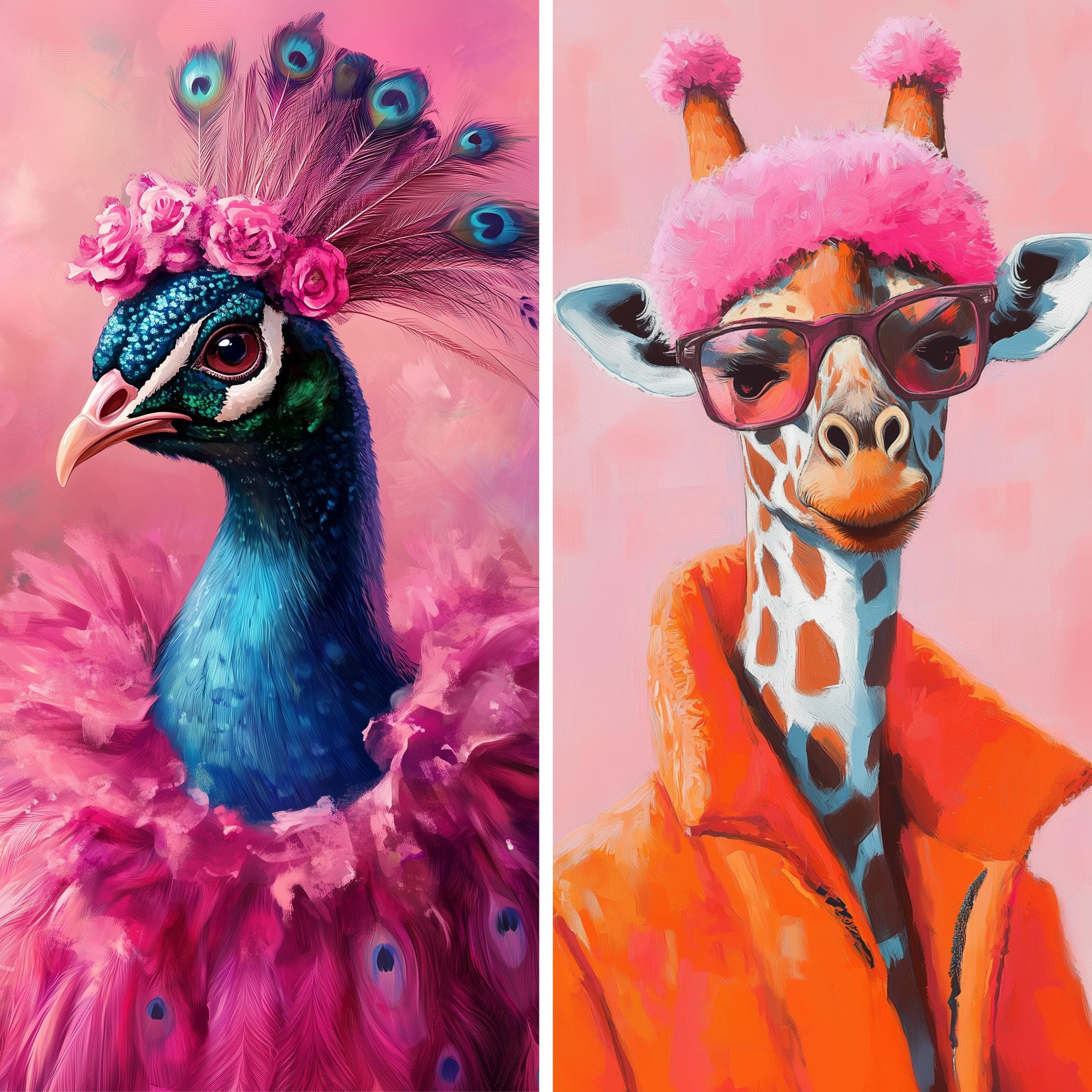 Colorful Animal Fashion Art Prints Maximalist Wall Art Funky Animal Fashion Portraits Cute Hipster Print Quirky Wall Art Preppy Print - view 3
