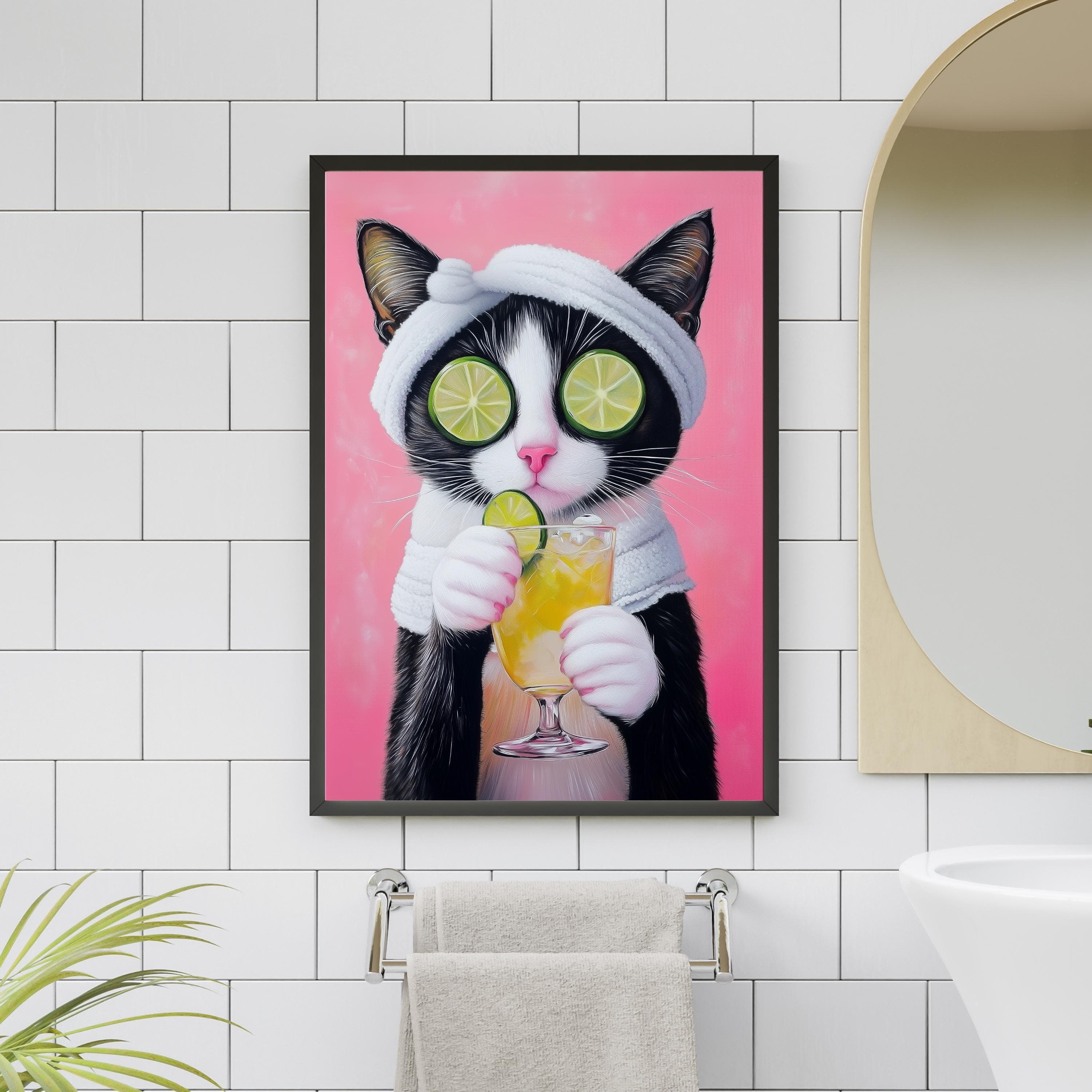 Quirky Cat Art, Lime and Pink Cat Art, Chic Black Cat Art, Spa Cat Wall Art, Relaxing Cat Portrait, Dopamine Wall Decor, Maximalist Cat Art - view 2