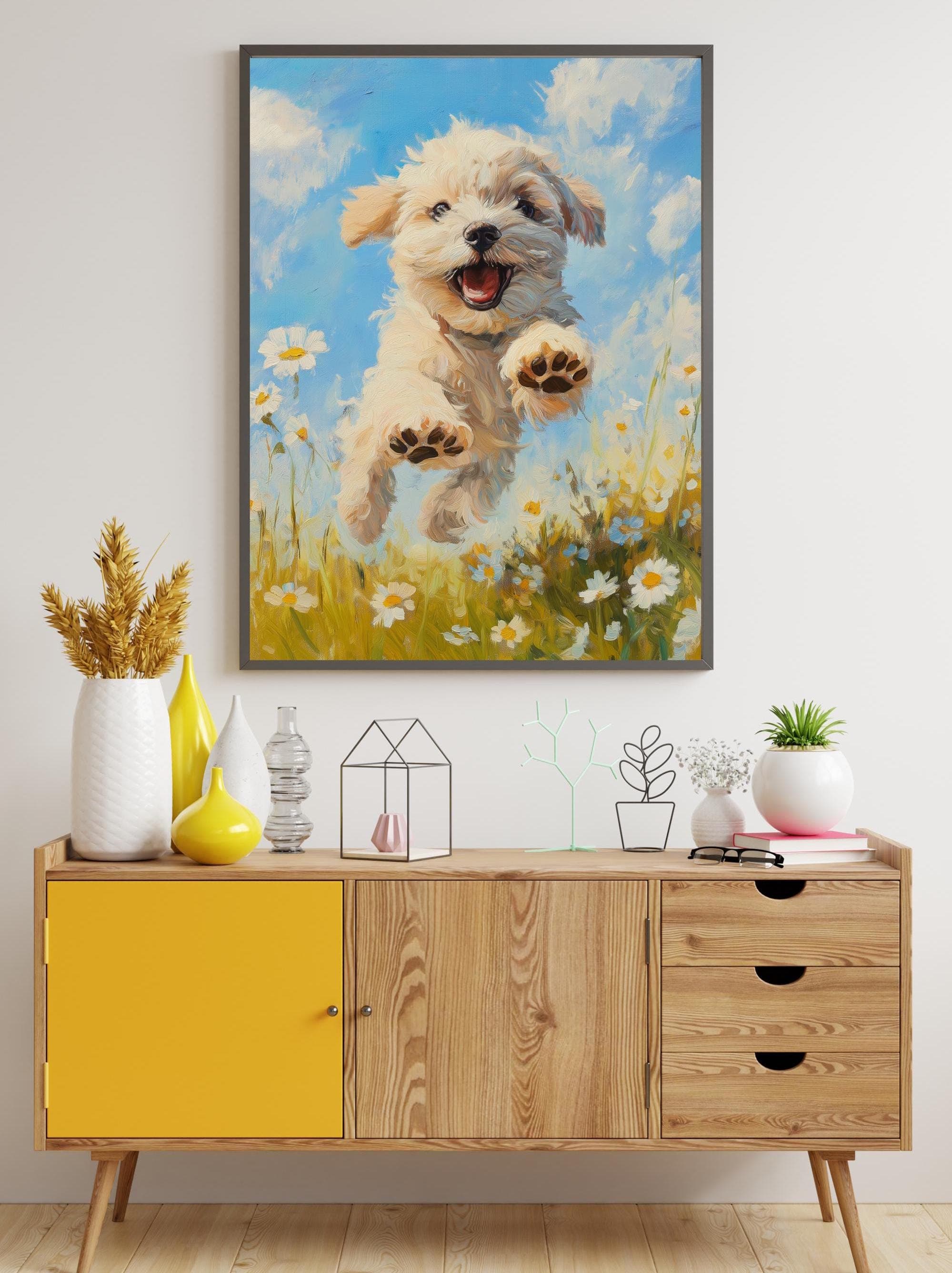 Colorful Puppy Wall Art, Colorful Dog Print, Oil Painting, Playful Dog Art Print, Nursery Wall Decor, Cute Dog Wall Art, Preppy Room Decor - view 2