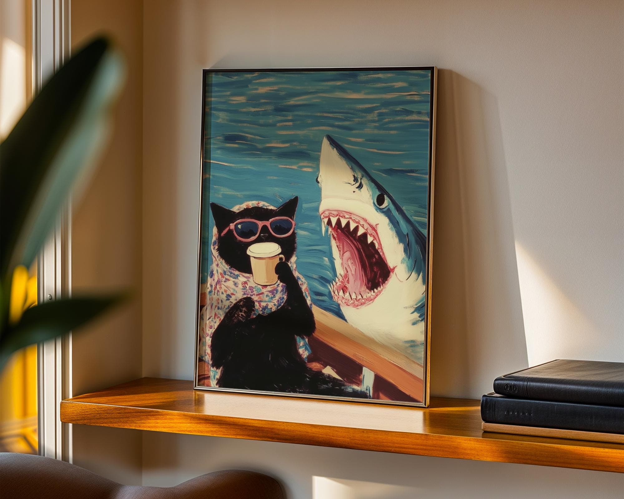 Funny Black Cat and Shark Wall Art, Funny Animal Art, Quirky Art Print, Quirky Cat Poster, Maximalist Cat Wall Art, Humorous Poster, Digital - view 3
