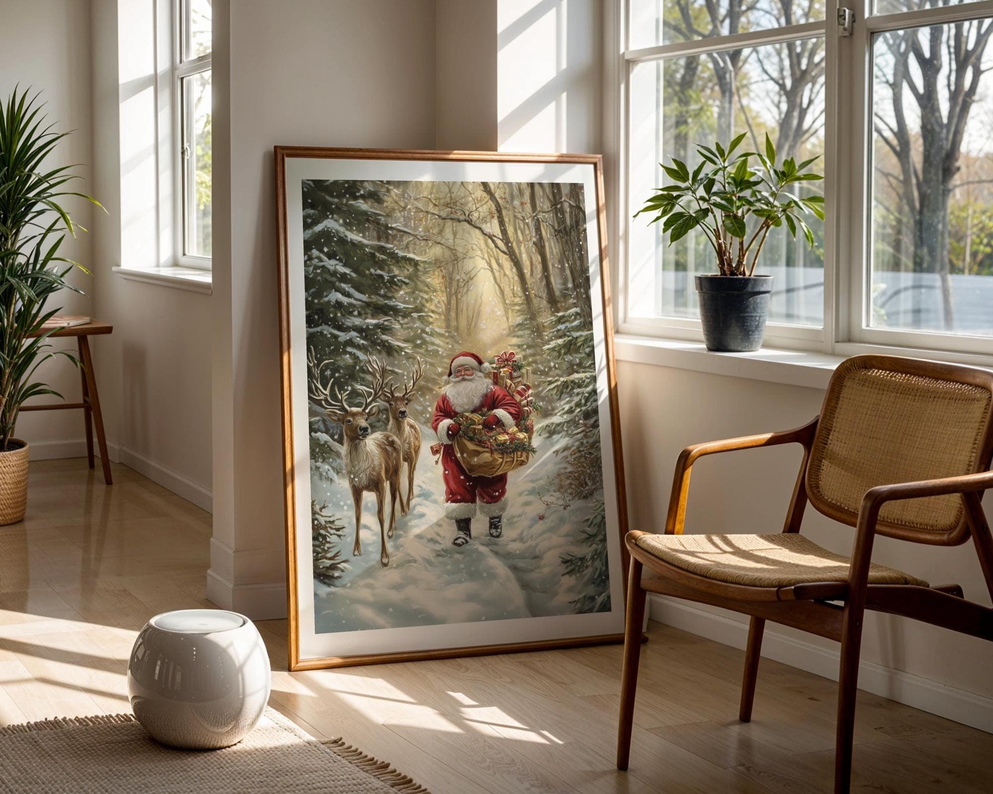 Santa Claus and Deer Painting - Rustic Holiday Wall Art for Christmas, Christmas Wall Art, Digital Download, Holiday Wall Decor, Santa Print - view 7