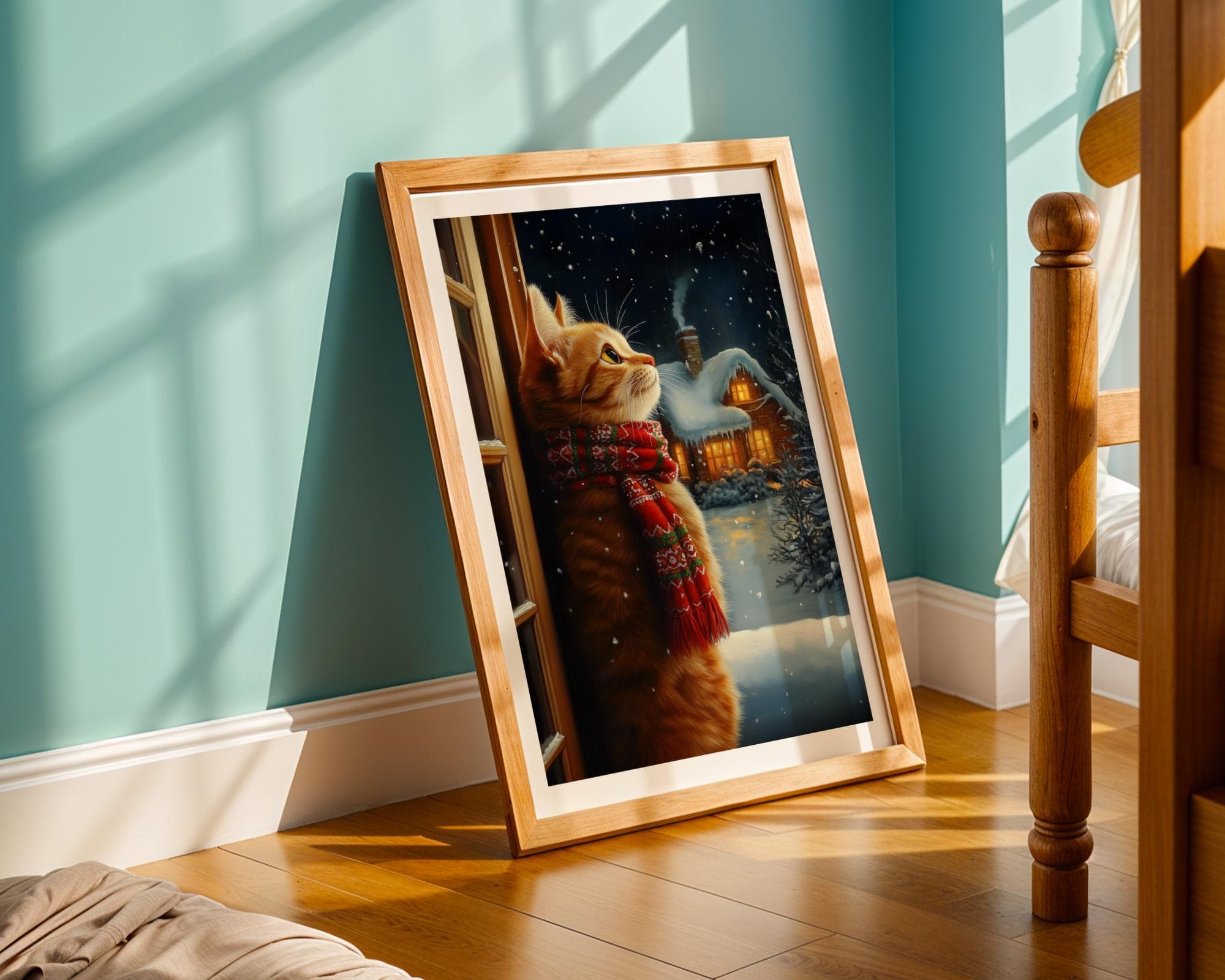 Orange Cat in Scarf Art, Holiday Wall Decor, Festive Cat Wall Art, Orange Cat Christmas Print, Winter Cat Illustration, Christmas Decor - view 4
