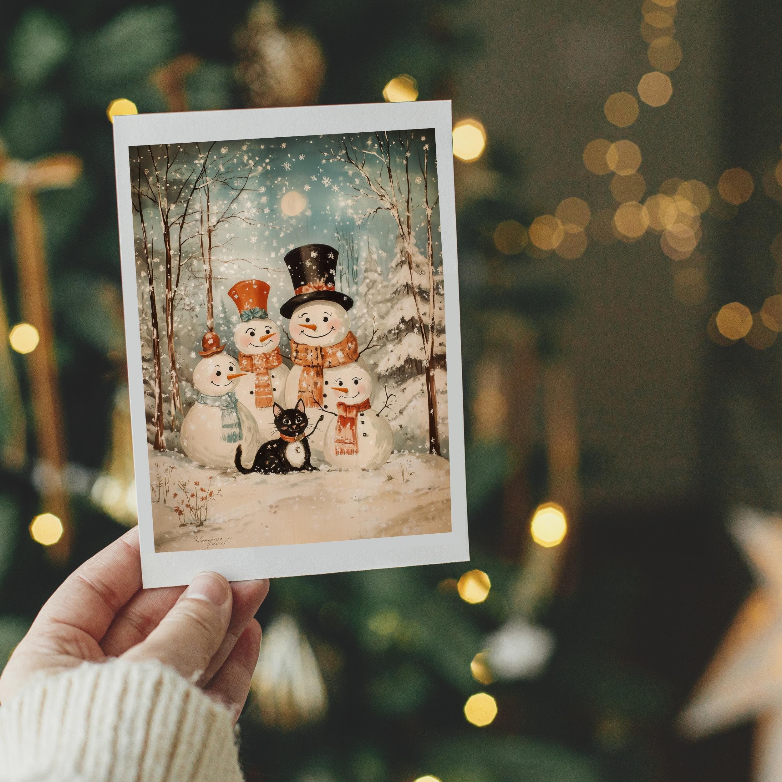 Vintage Snowman Family with Black Cat Painting | Printable Wall Art | Christmas | Antique Christmas Wall Art, Christmas Kids Room Wall Art - view 4