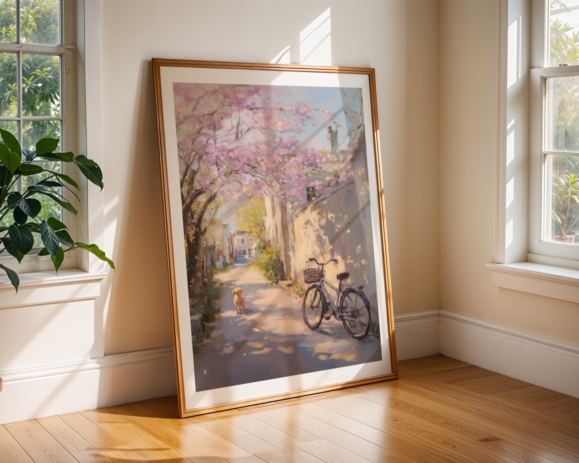 Cherry Blossom Street Print, Dog and Vintage Bike Poster, Pastel Blossom Street Print, Cottagecore Blossom Decor, Floral Alley Wall Print - view 6