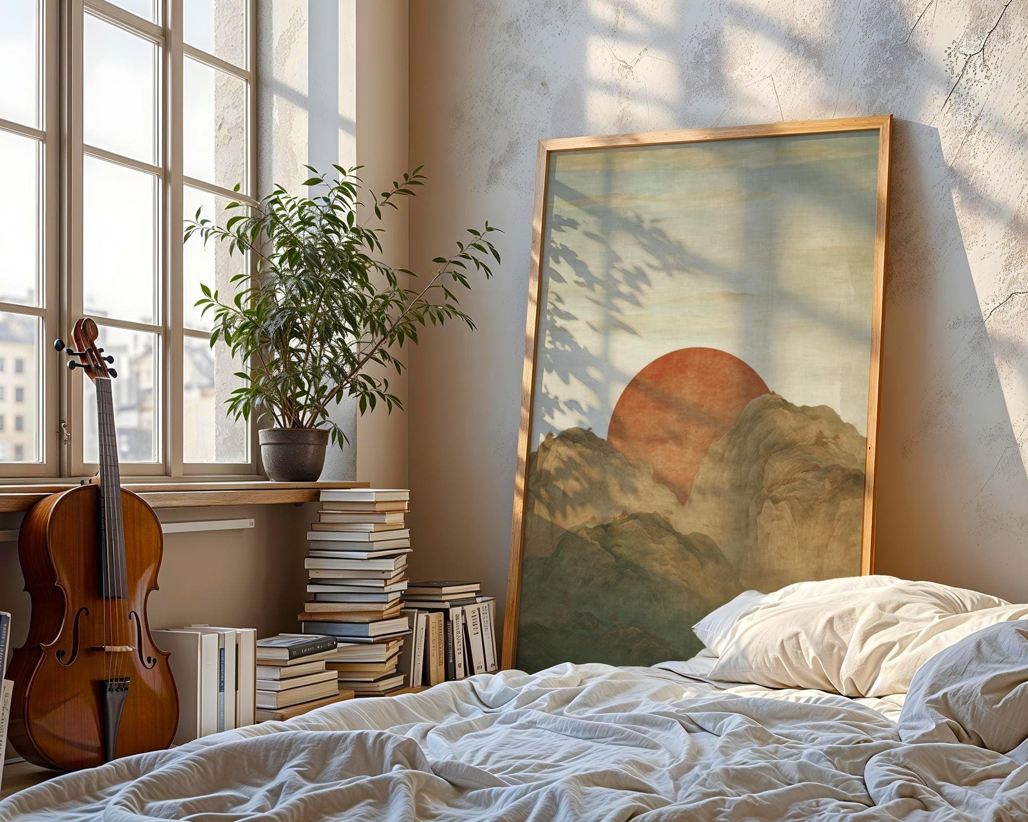 Japanese Landscape Wall Art, Red Sun Mountain Print, Traditional Asian Painting, Zen Nature Poster, Minimal Japanese Print, Digital Download - view 2