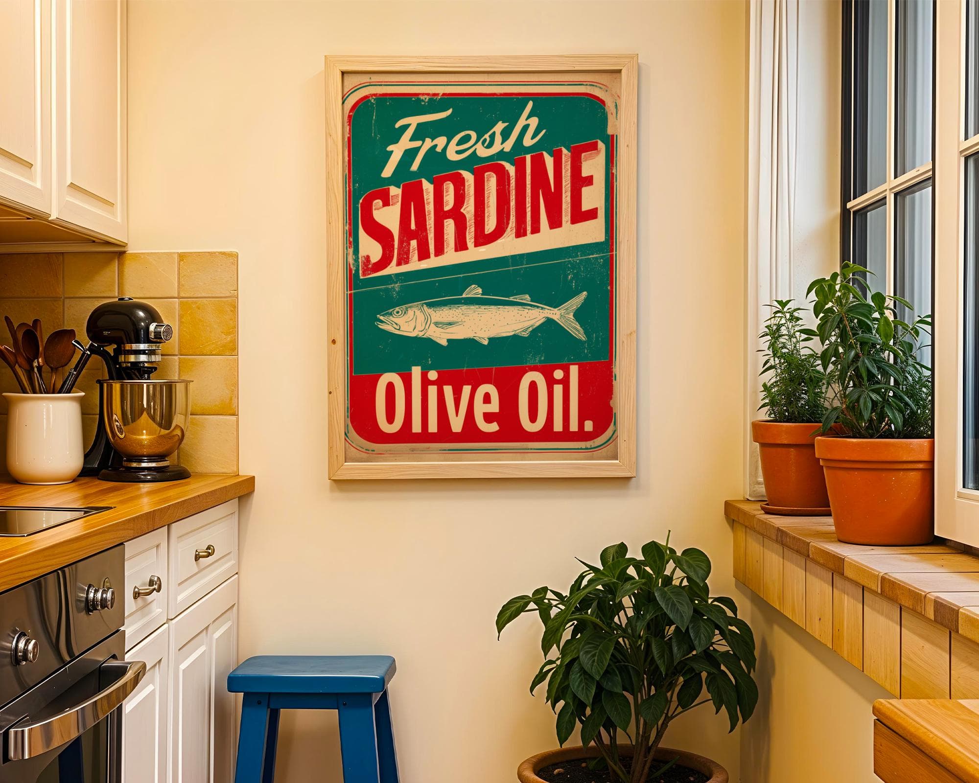 Vintage Fresh Sardine Sign Wall Art, Retro Kitchen Print Rustic Fish Olive Oil Decor, Classic Sardine Print, Retro Fish Tin Sign, Digital - view 3