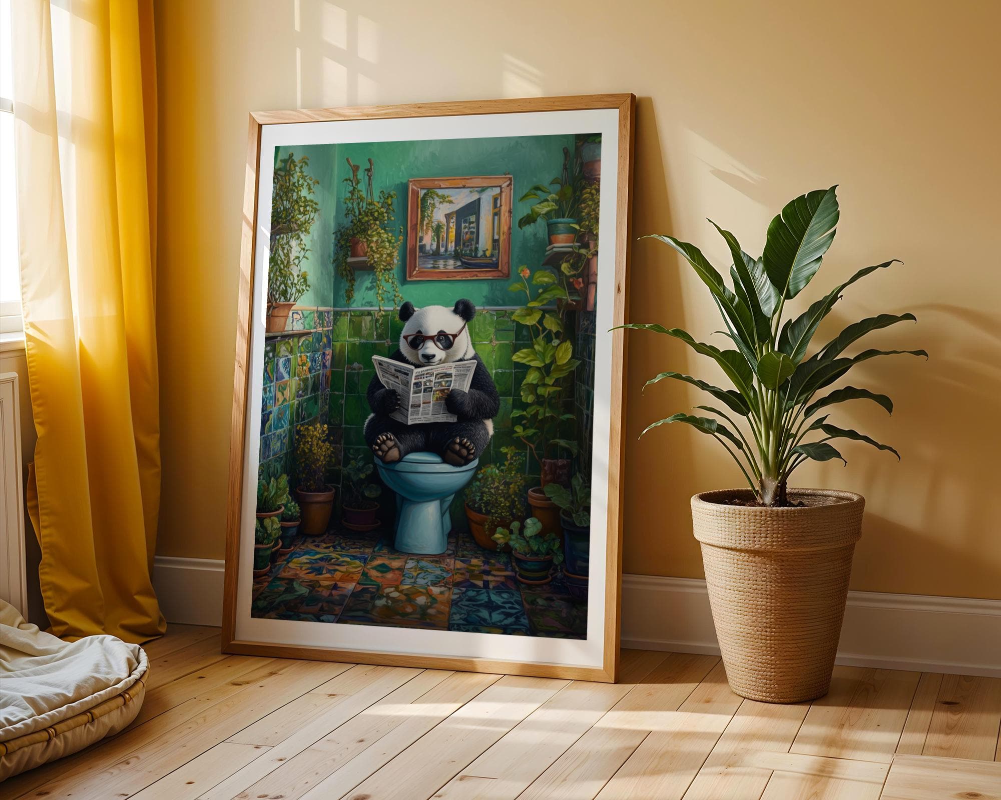 Funny Panda Bathroom Wall Art, Quirky Green Aesthetic Decor, Panda on Toilet Funny Art Print, Digital Download, Eclectic Bathroom Decor - view 4