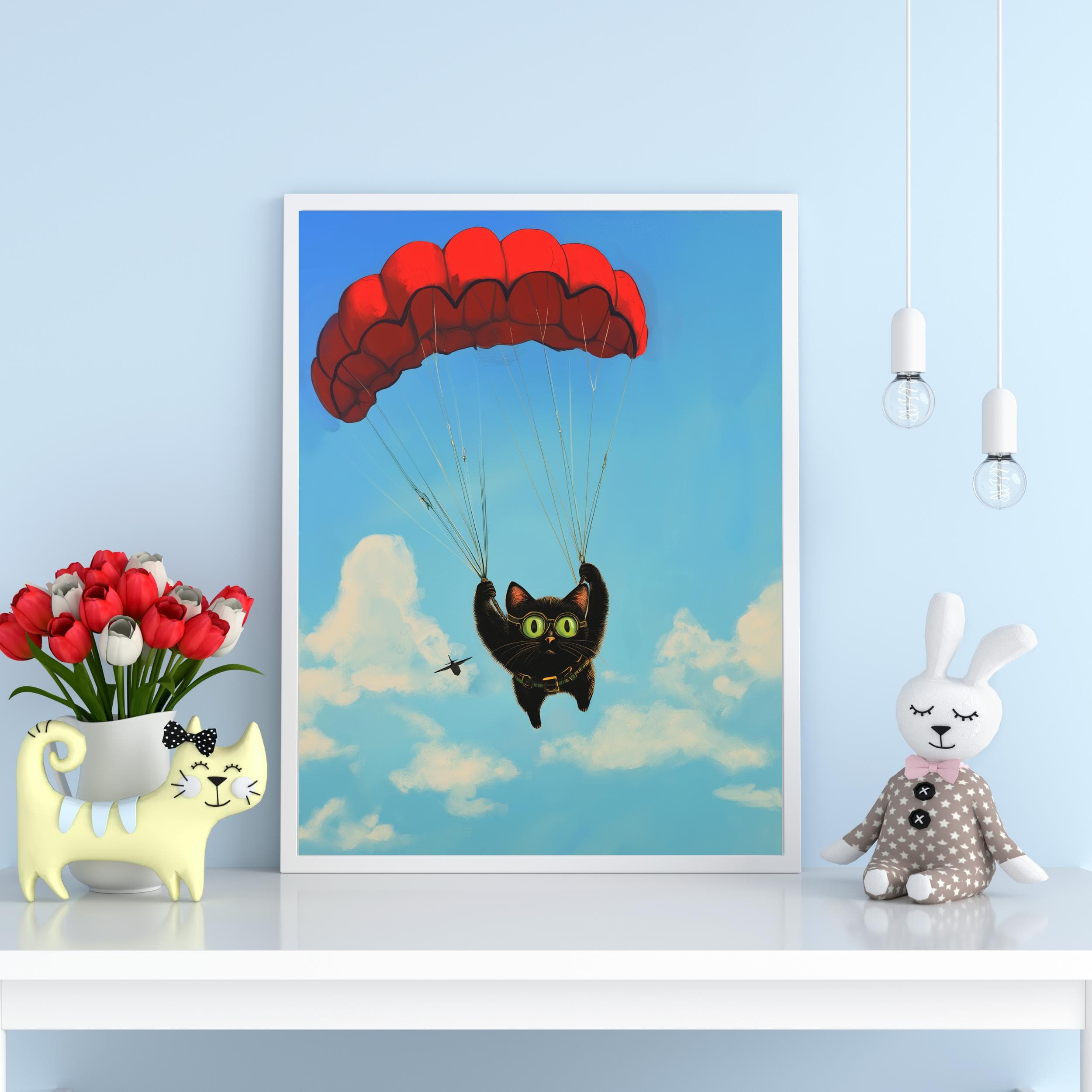 Black Cat Parachuting Art Print, Whimsical Black Cat Decor, Matisse Style, Digital Art Print, Colorful Black Cat Art, Oil Painting Black Cat - view 2