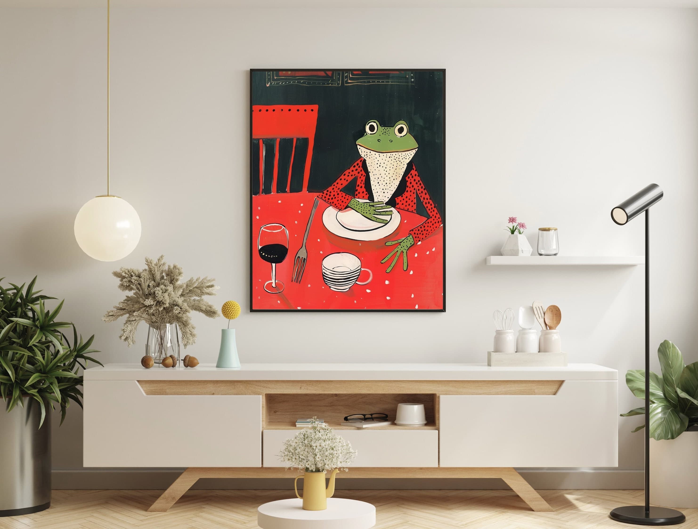 Frog at the Dinner Print, Frog Doing Things, Animal Lover Gift, Funny Frog Poster, Abstract Art, Minimalist Frog Art, Pet Lover Unique Gift - view 2