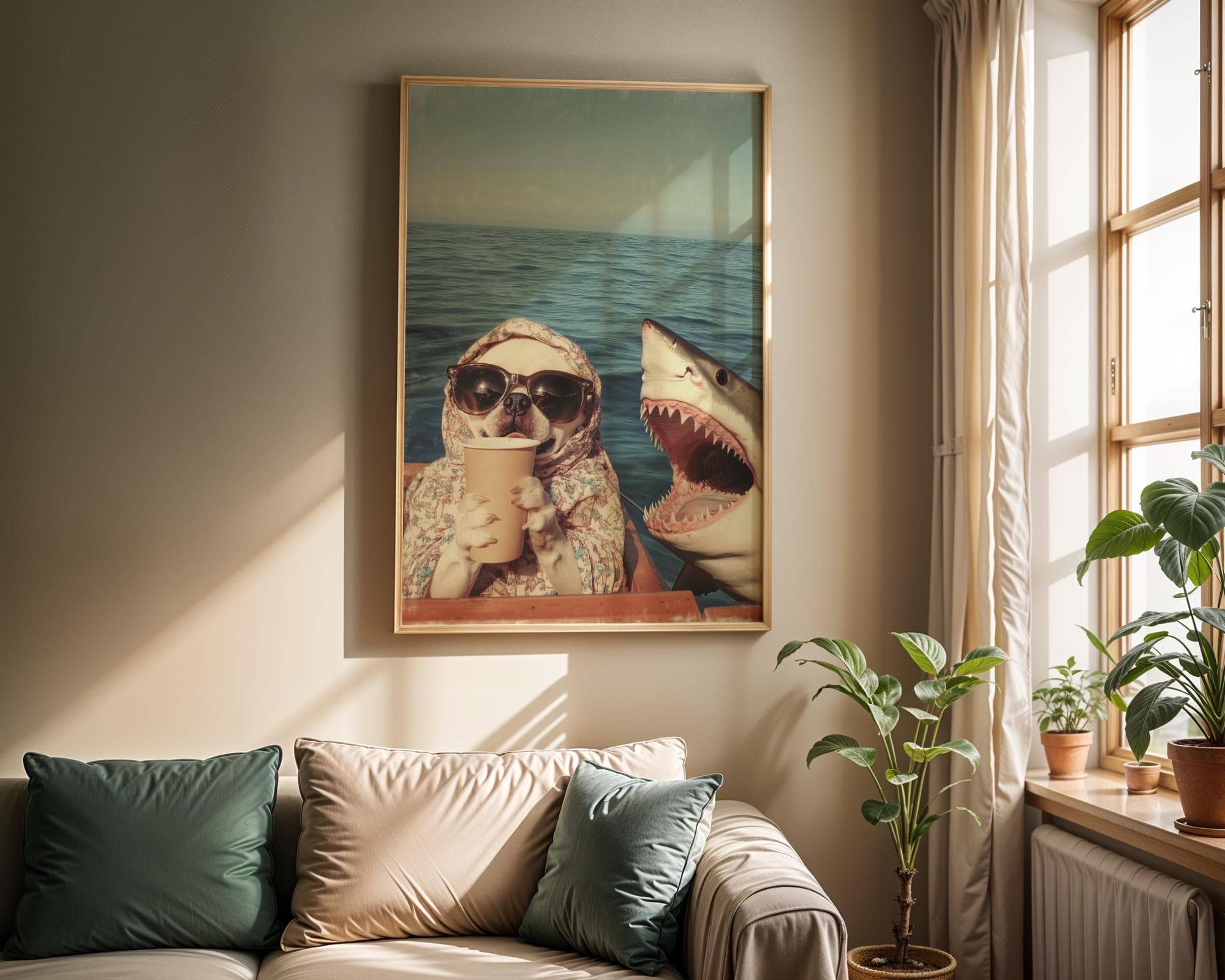 Funny Pug and Shark Wall Art, Funny Animal Art, Quirky Art Print, Quirky Pug Poster, Maximalist Pug Wall Art, Humorous Poster, Digital Art - view 5