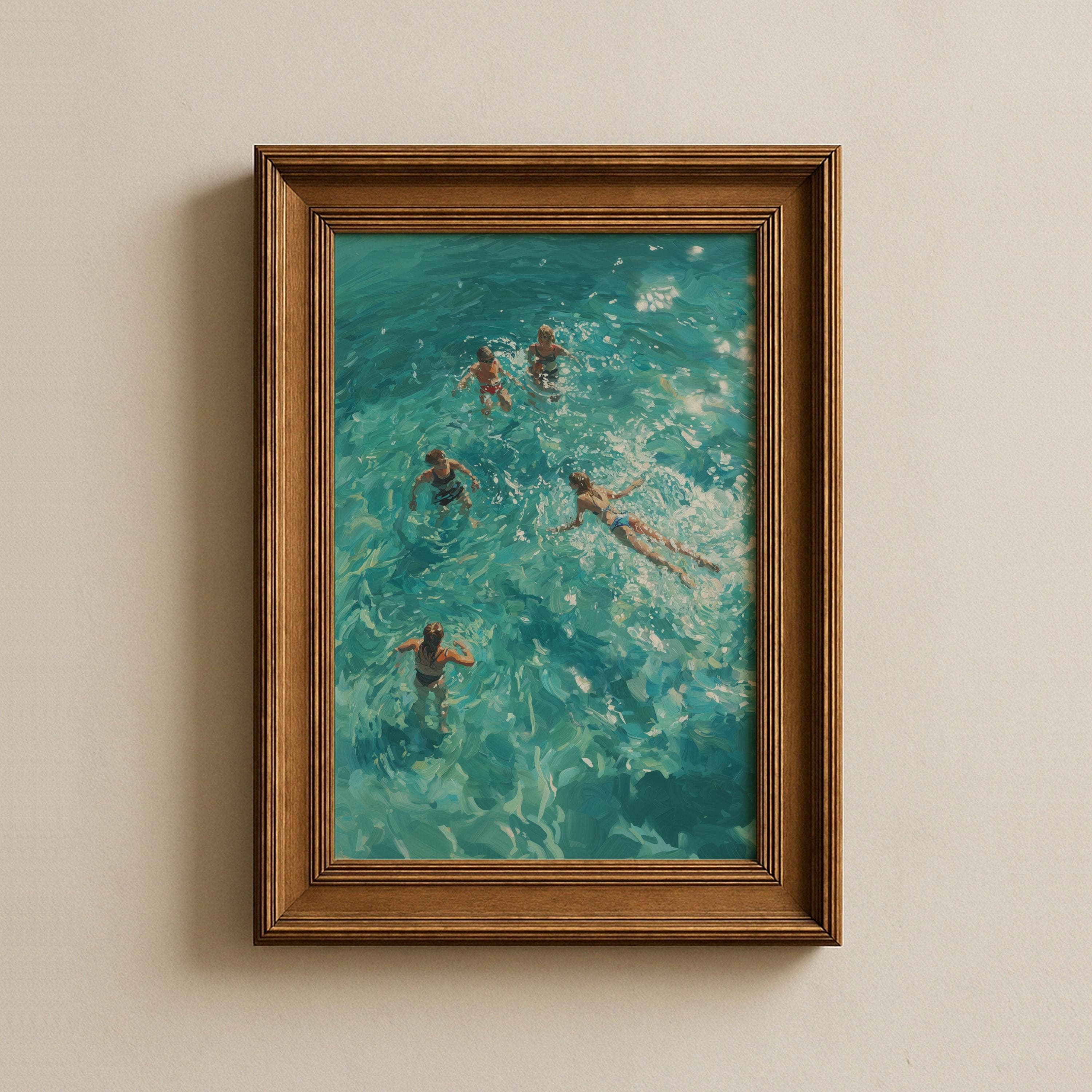 Coastal Wall Art, Turquoise Ocean Swimming Painting, Beach House Wall Decor, Ocean Oil Painting, Beach House Wall Decor, Coastal Bathroom - view 2