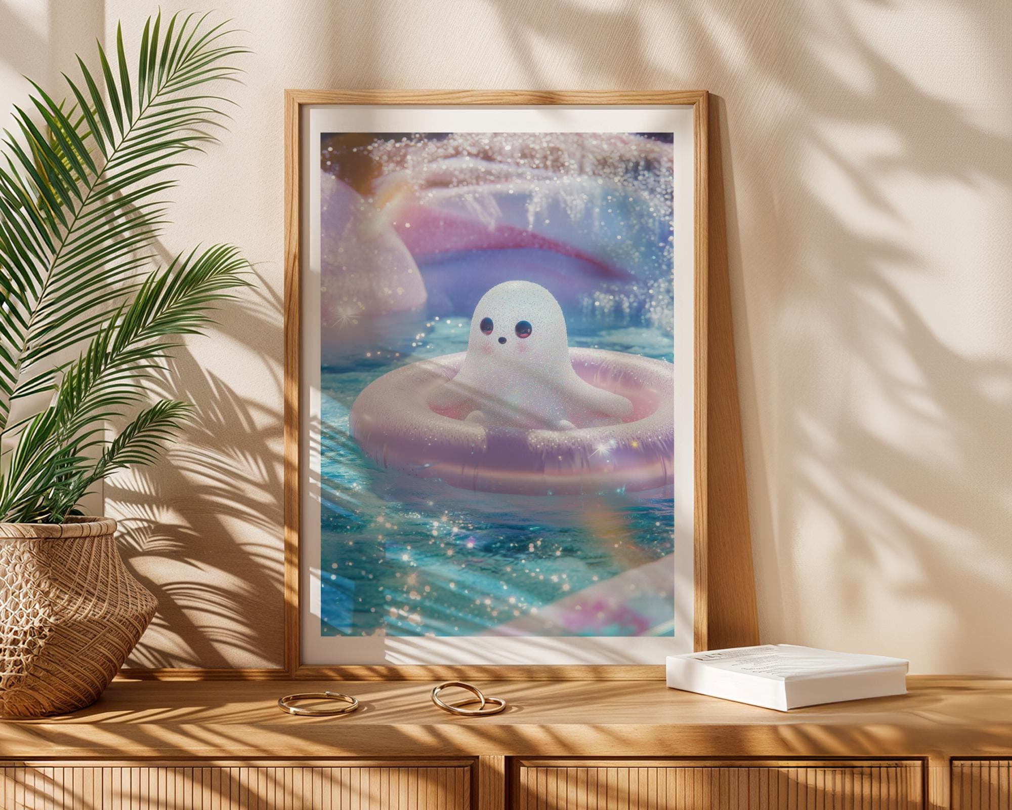 Cute Ghost Art Print, Halloween Art Print, Kawaii Ghost Art Print, Cute Seal Ghost Illustration, Pastel Sparkle Pool Art, Whimsical Decor - view 7