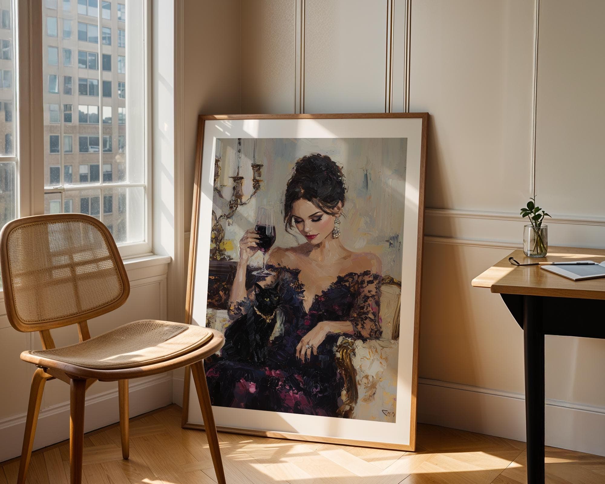 Classic Cat and Woman Art, Oil Painting Digital Art, Chic Lady with Black Cat Art, Vintage Glam Wall Art, Decorative Wall Art, Wine Poster - view 6