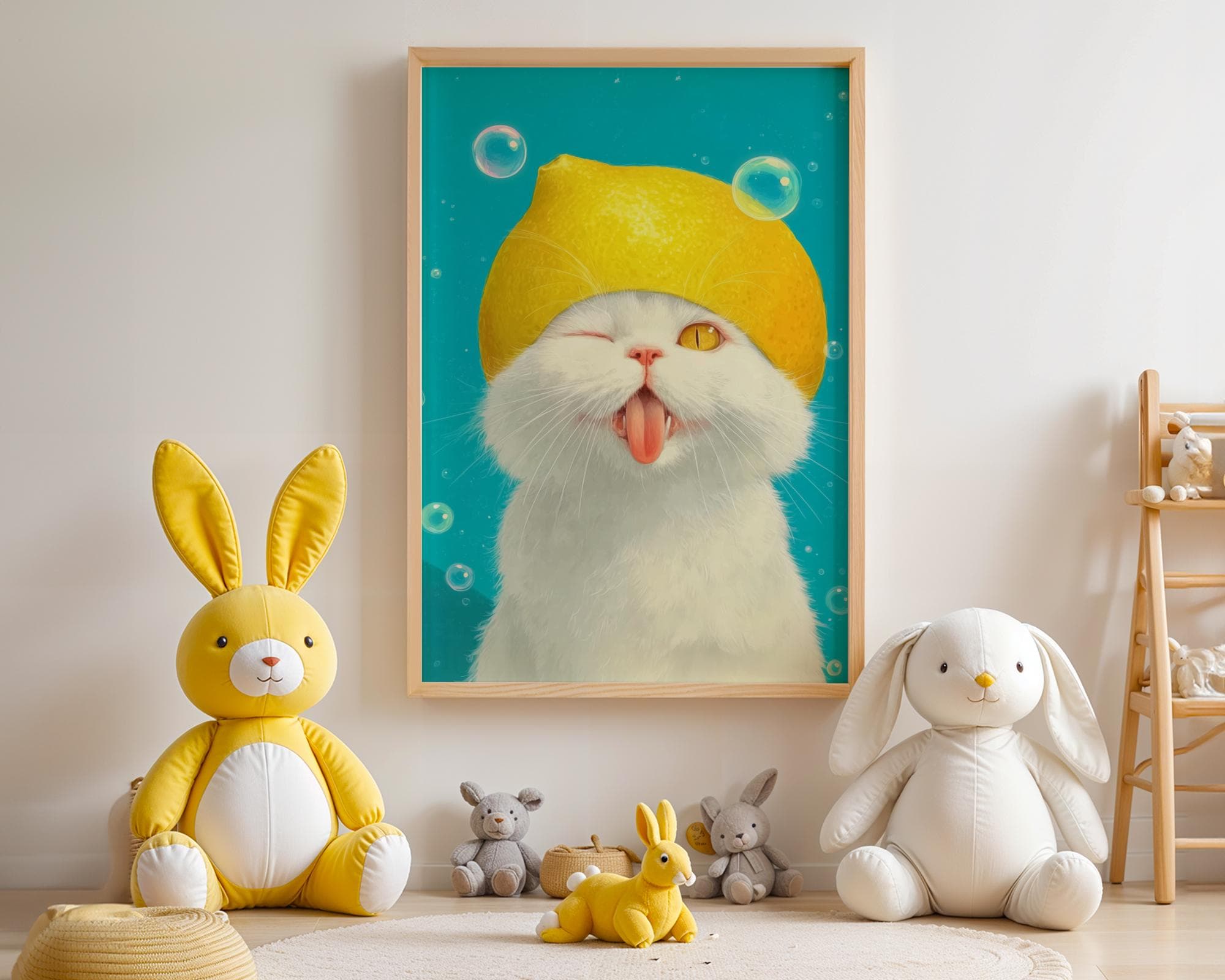 Funny Lemon Hat White Cat Art Print, Whimsical Animal Wall Art, Cute Playful Kitten Wall Art, Art Digital Download, Kawaii Cute Animal Art - view 4